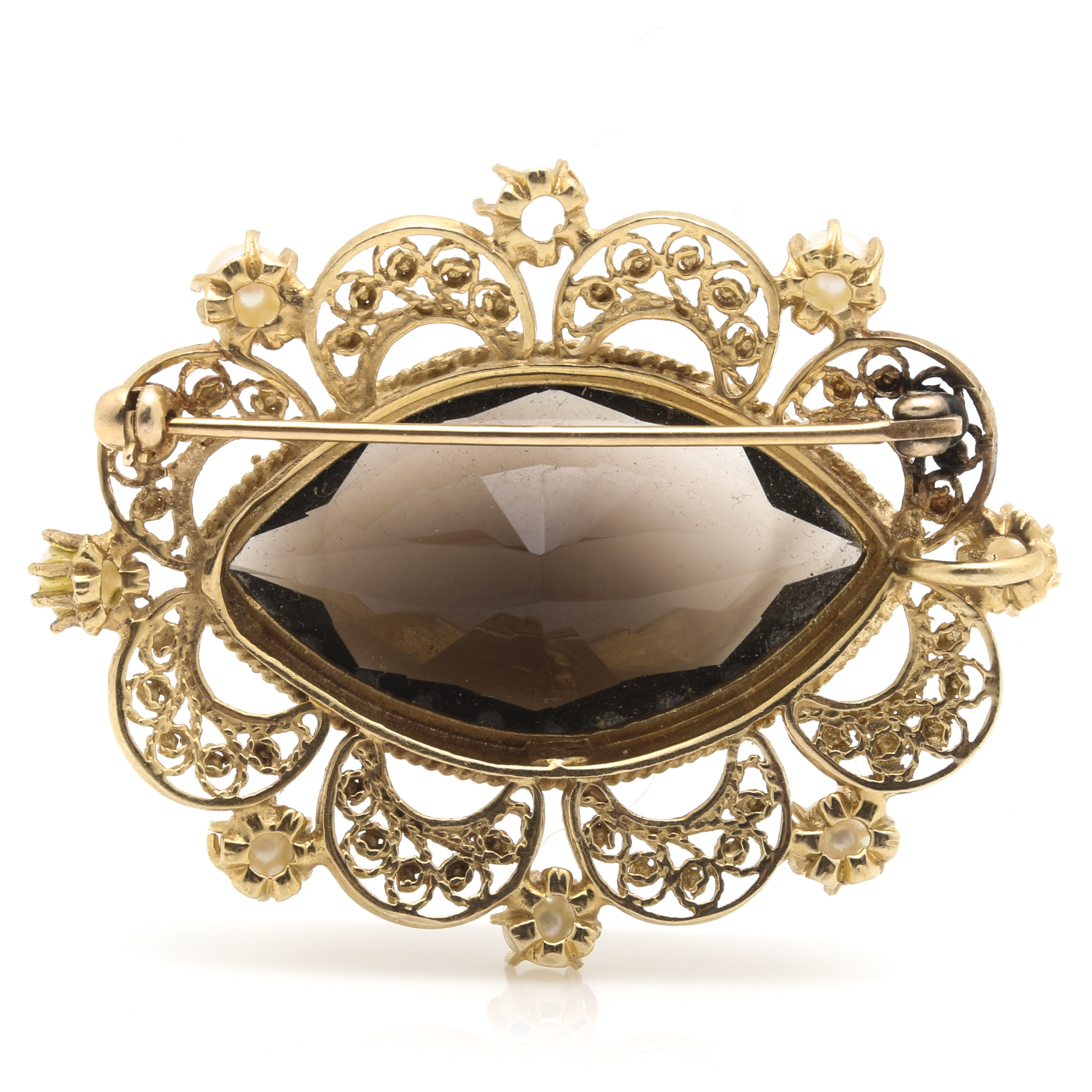 14K Yellow Gold 16.18 CTS Smoky Quartz and Cultured Pearl Brooch