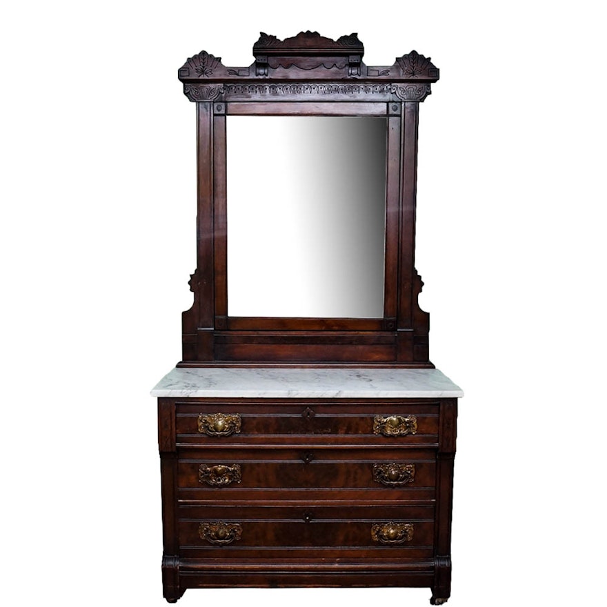 Antique Eastlake Style Marble Top Chest of Drawers With Mirror