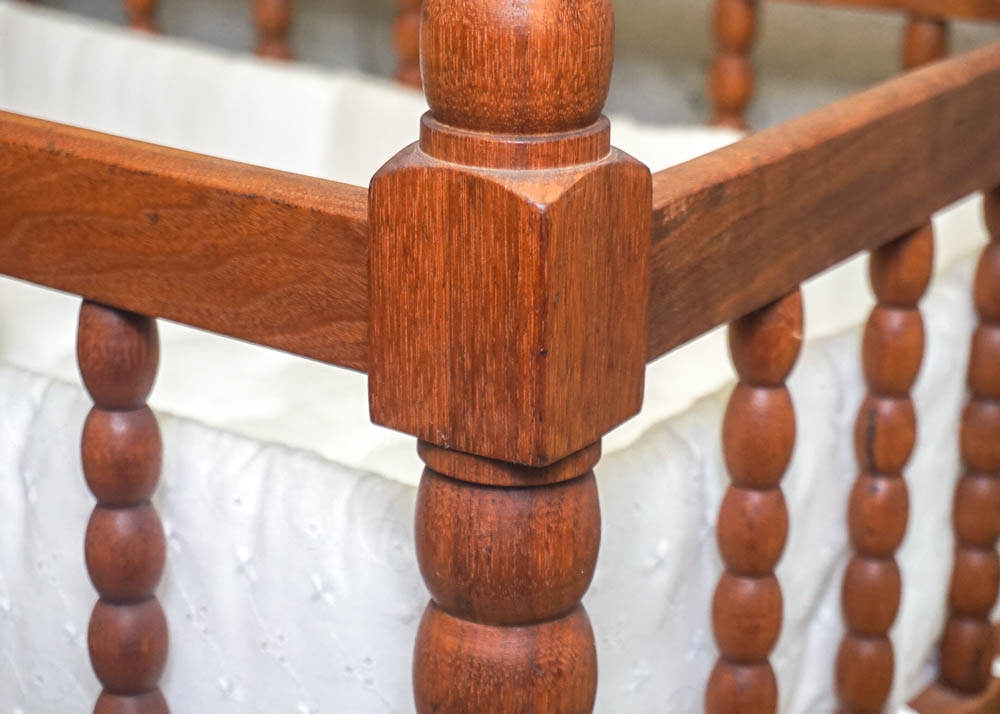 Vintage Spool Style Cradle With Porcelain Doll