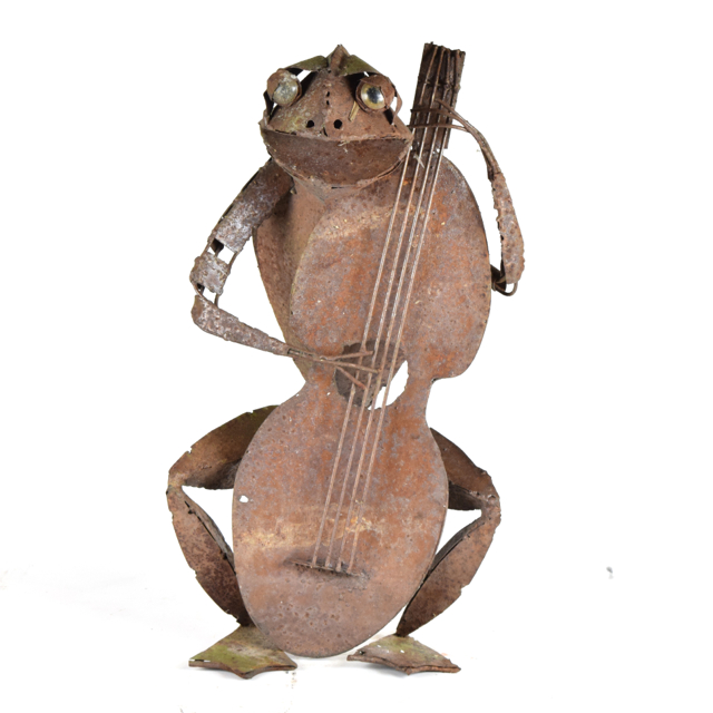 Folk Art Frog Upright Bass Player Metal Sculpture