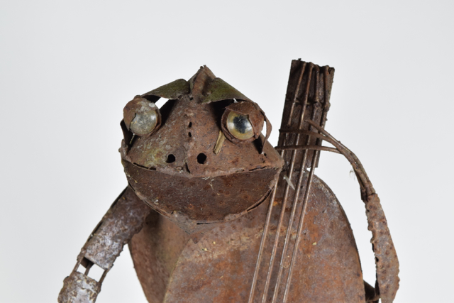 Folk Art Frog Upright Bass Player Metal Sculpture