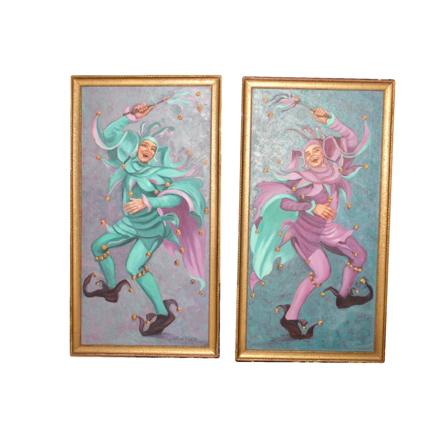 Framed Acrylic on Canvas Paintings of Jesters by Mary Mills