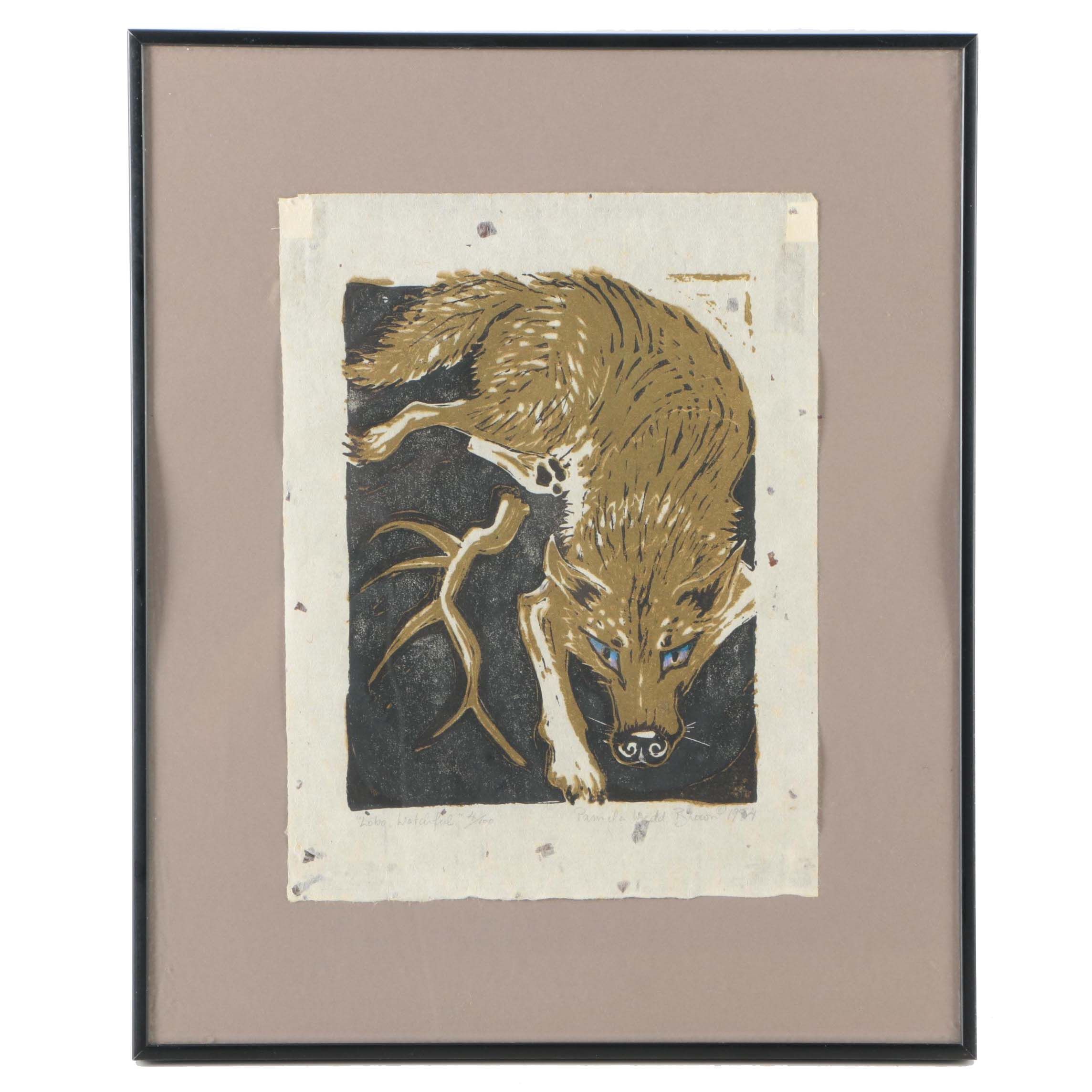Framed Relief Print "Lobo, Watchful" by Pamela Wedd Brown