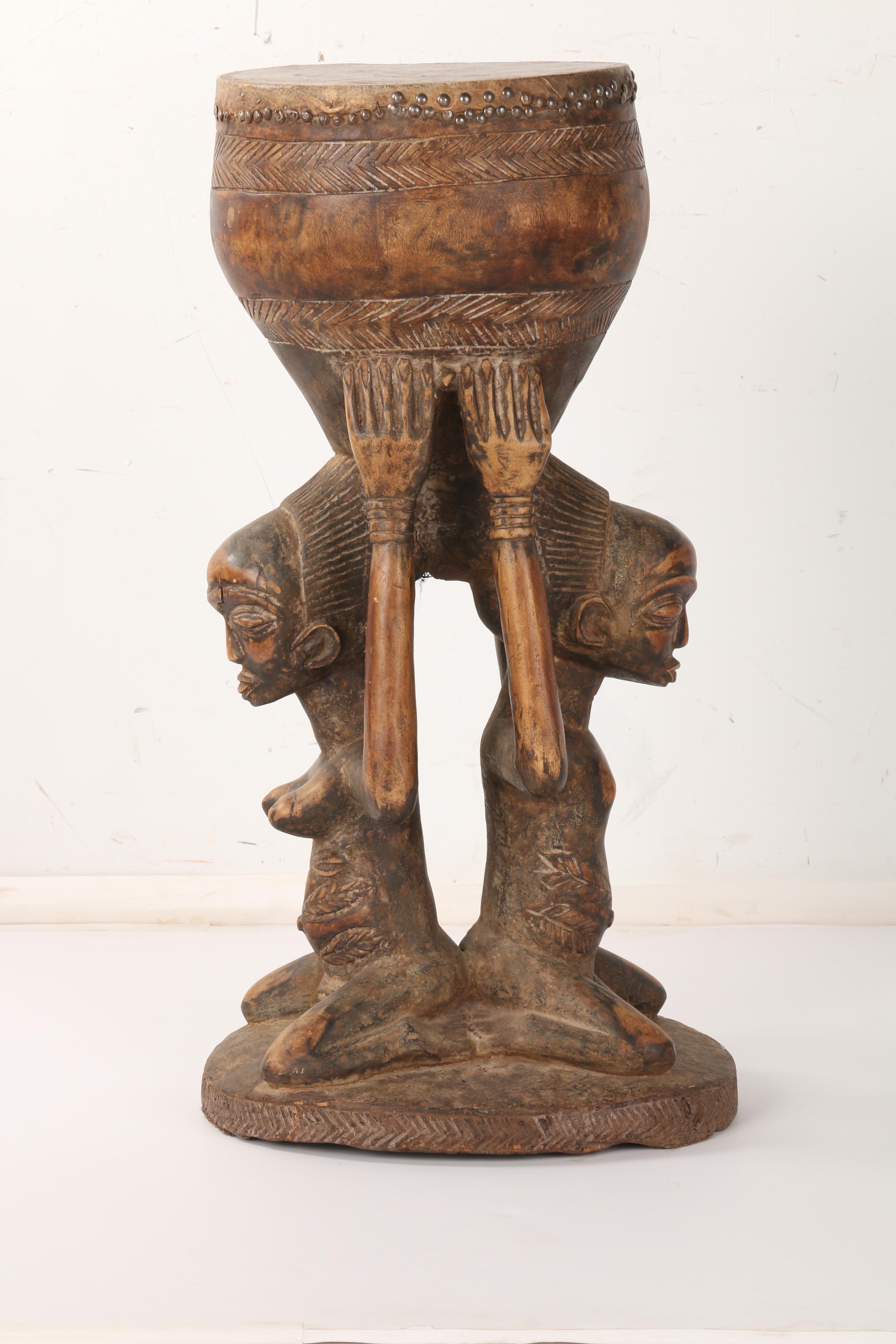 African Luba Tribe Carved Wood Drum