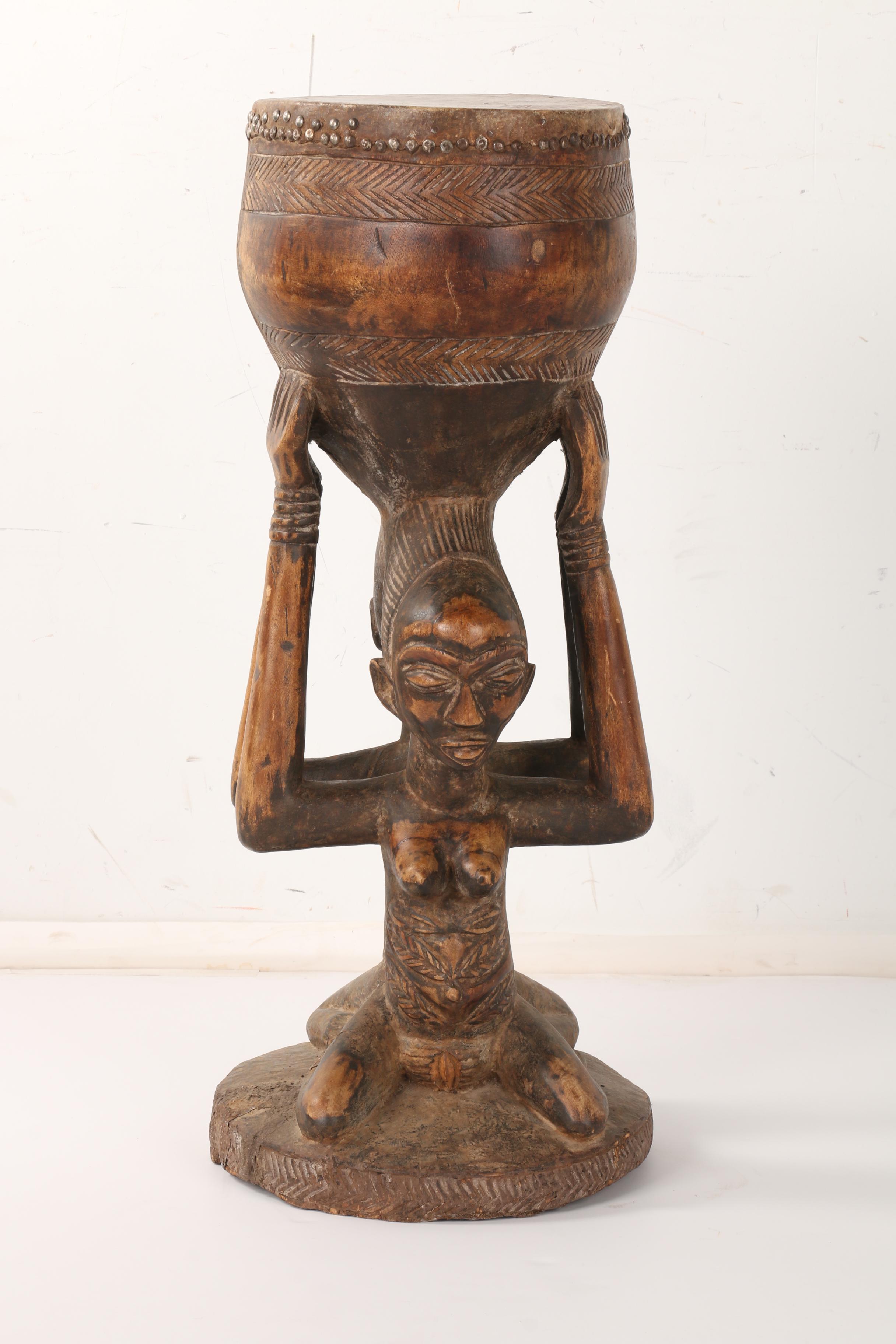 African Luba Tribe Carved Wood Drum