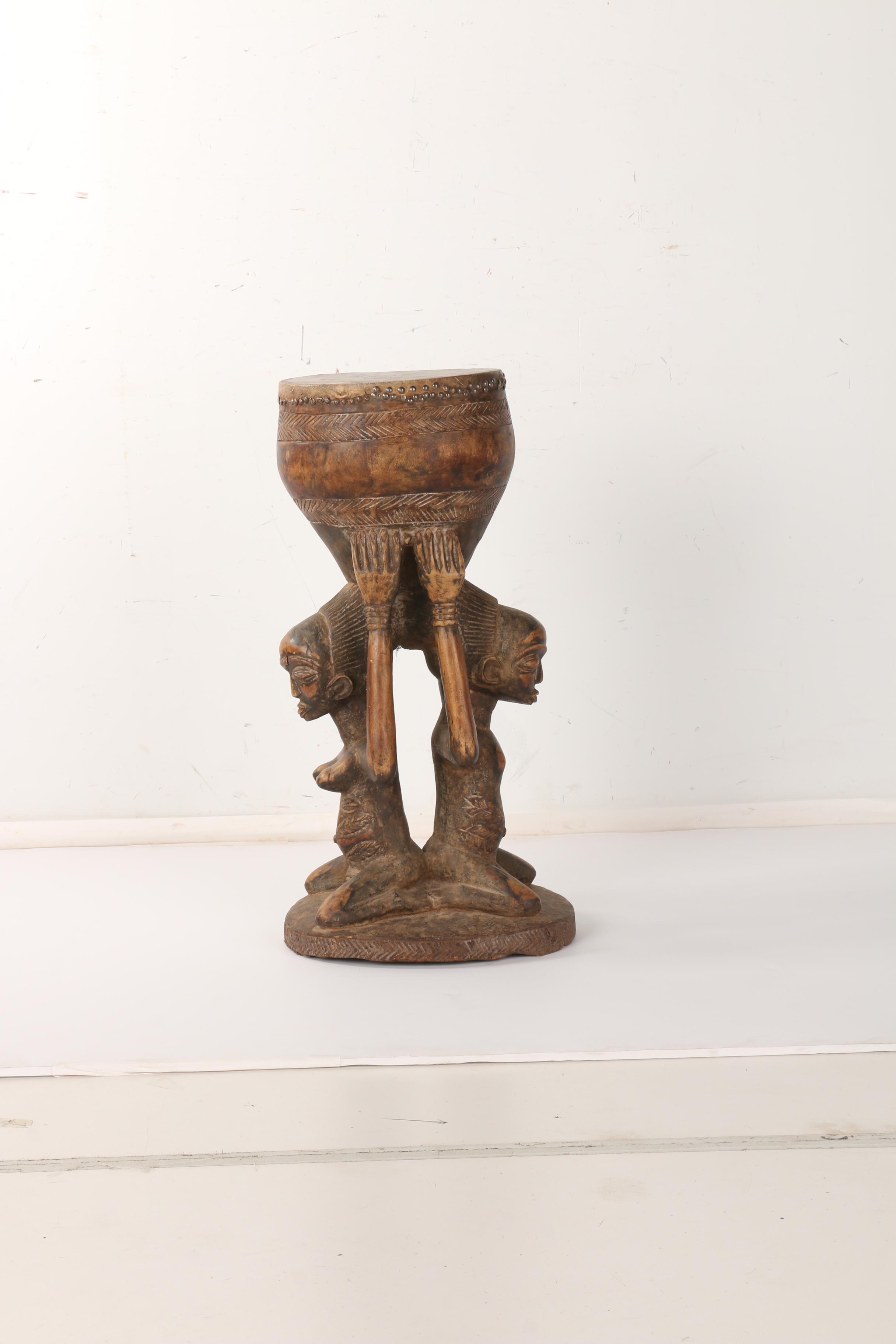 African Luba Tribe Carved Wood Drum