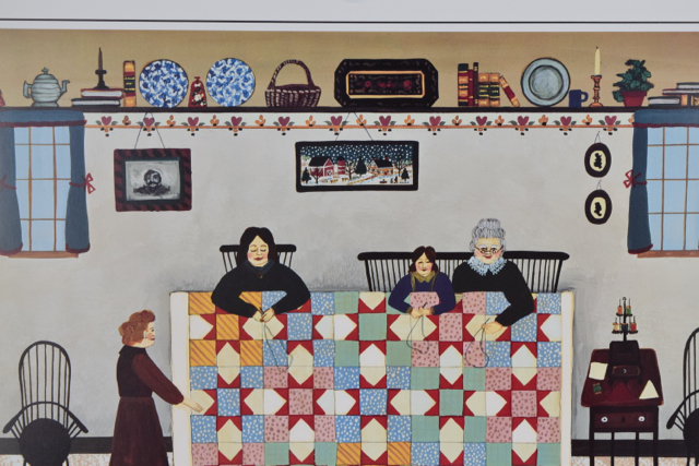 Offset Lithograph After Janet Munro of Folk Art Quilting Scene