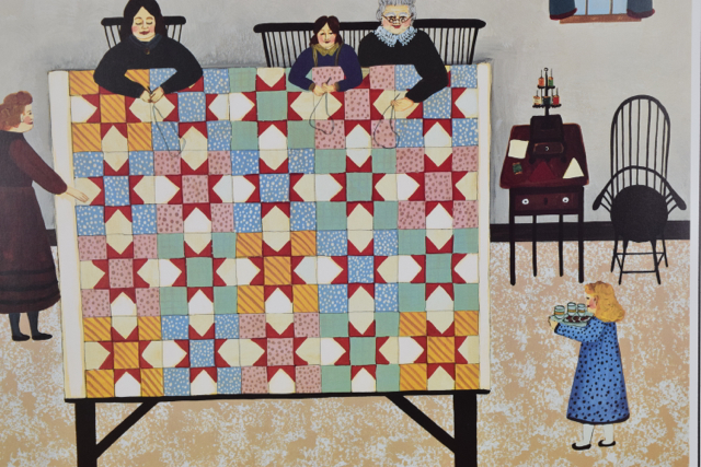 Offset Lithograph After Janet Munro of Folk Art Quilting Scene