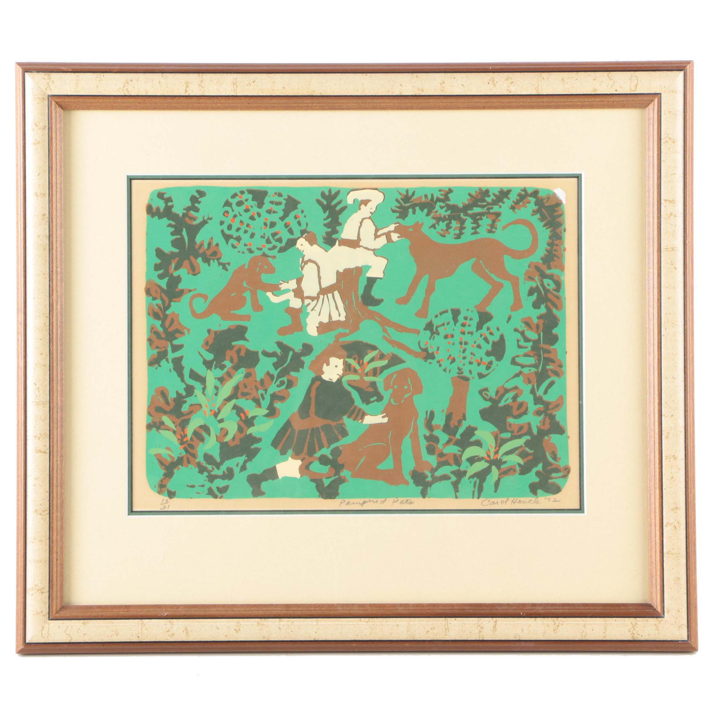 1972 Carol Houck Serigraph on Paper "Pampered Pets"