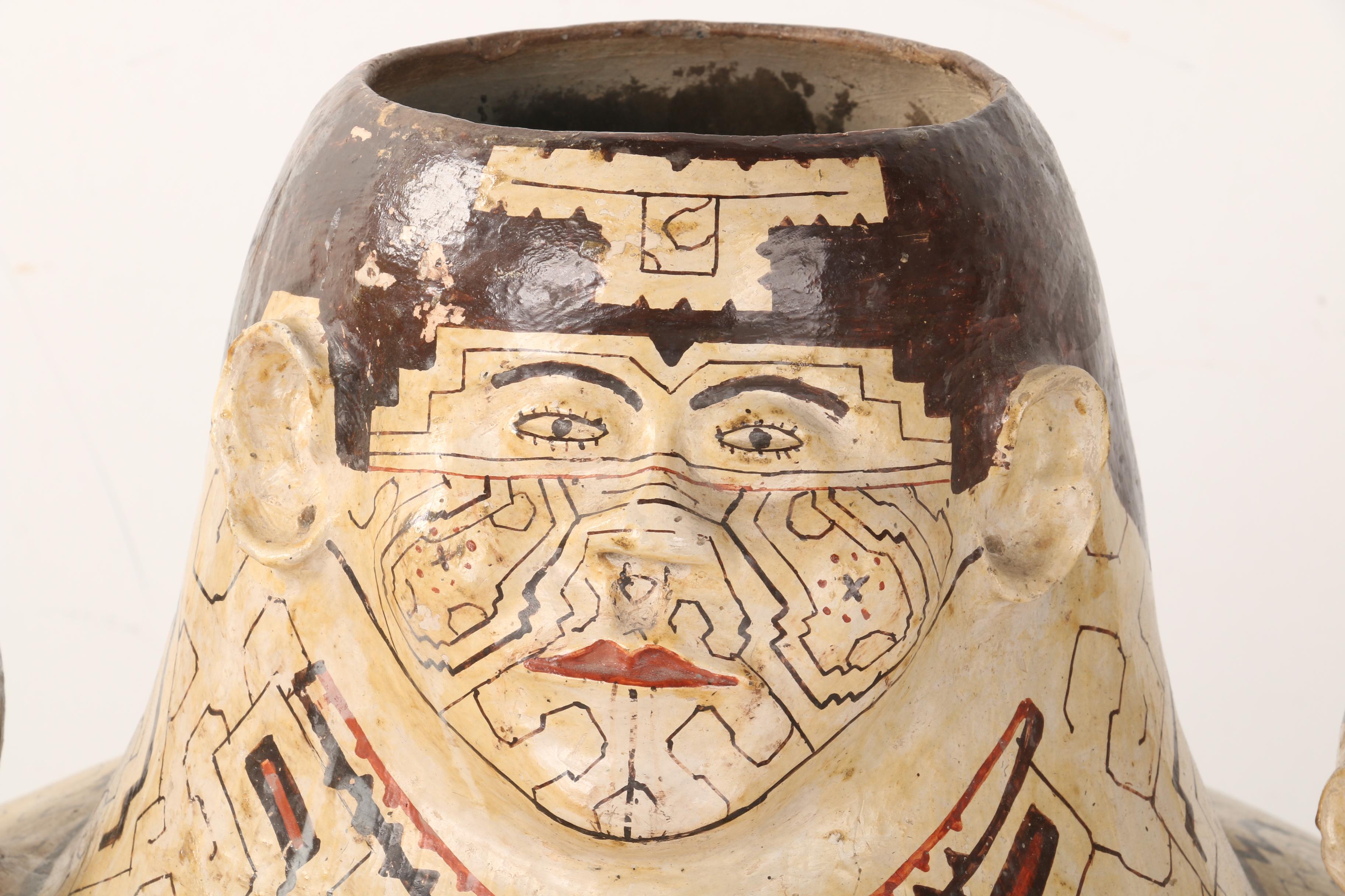 Mesoamerican-Inspired Ceramic Vessel With Three Figural Spouts