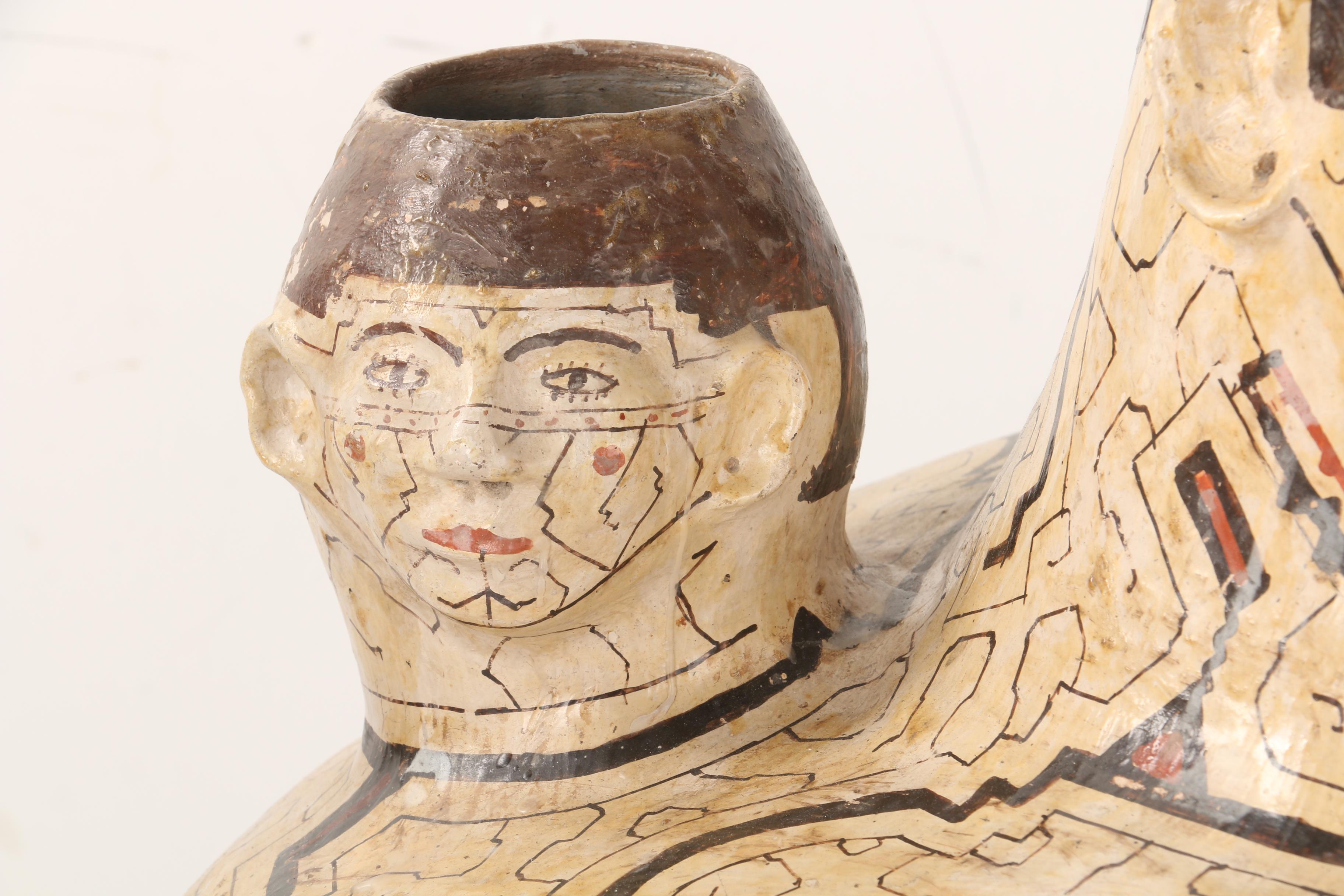Mesoamerican-Inspired Ceramic Vessel With Three Figural Spouts