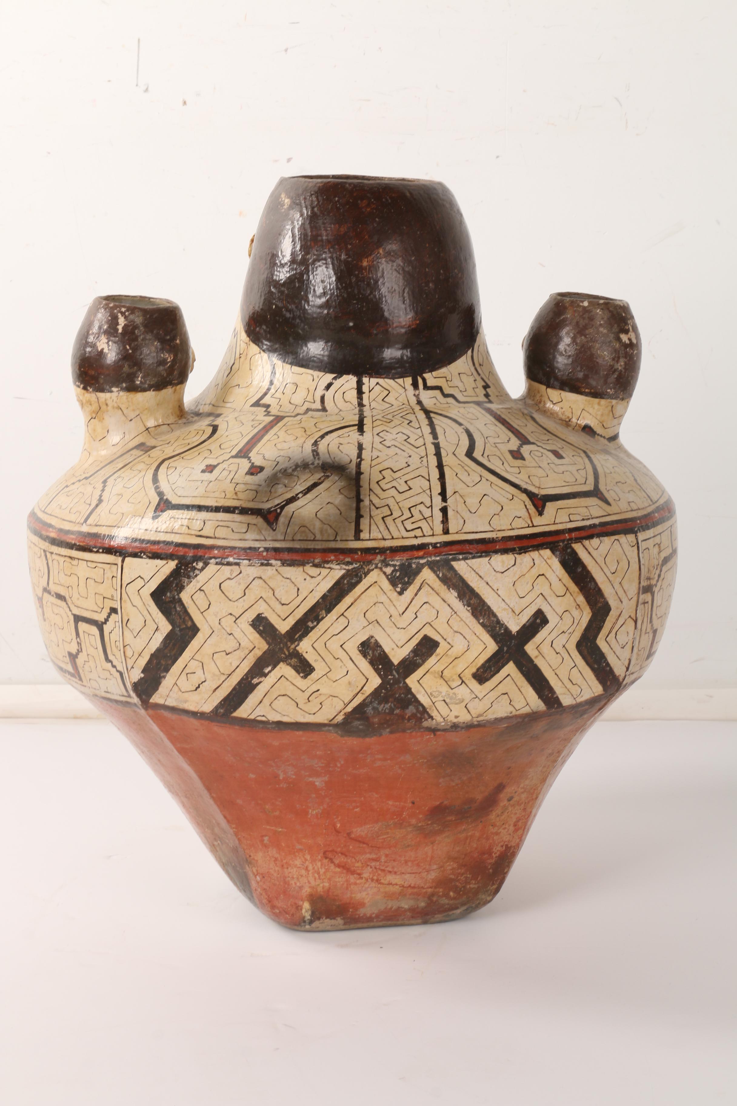 Mesoamerican-Inspired Ceramic Vessel With Three Figural Spouts