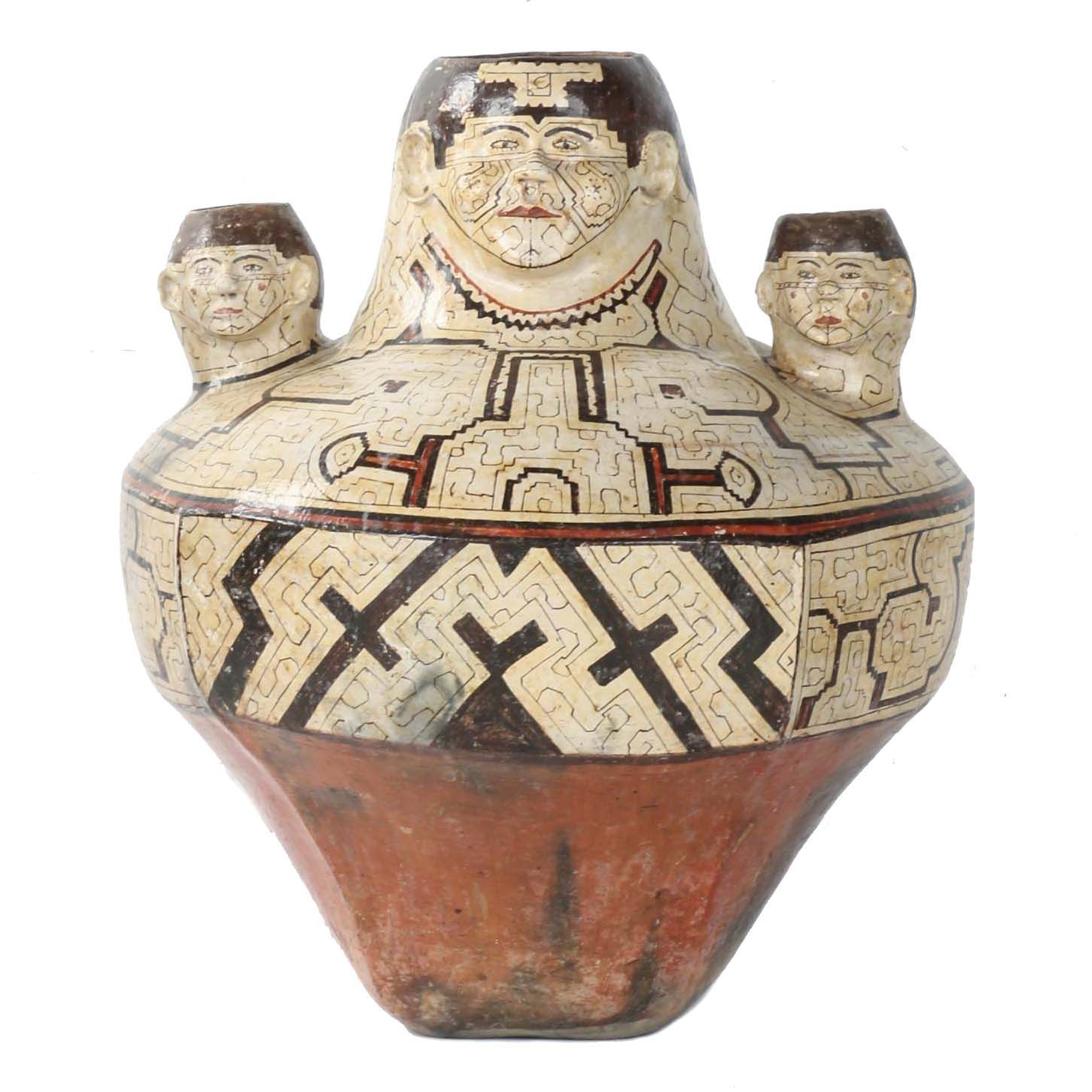 Mesoamerican-Inspired Ceramic Vessel With Three Figural Spouts