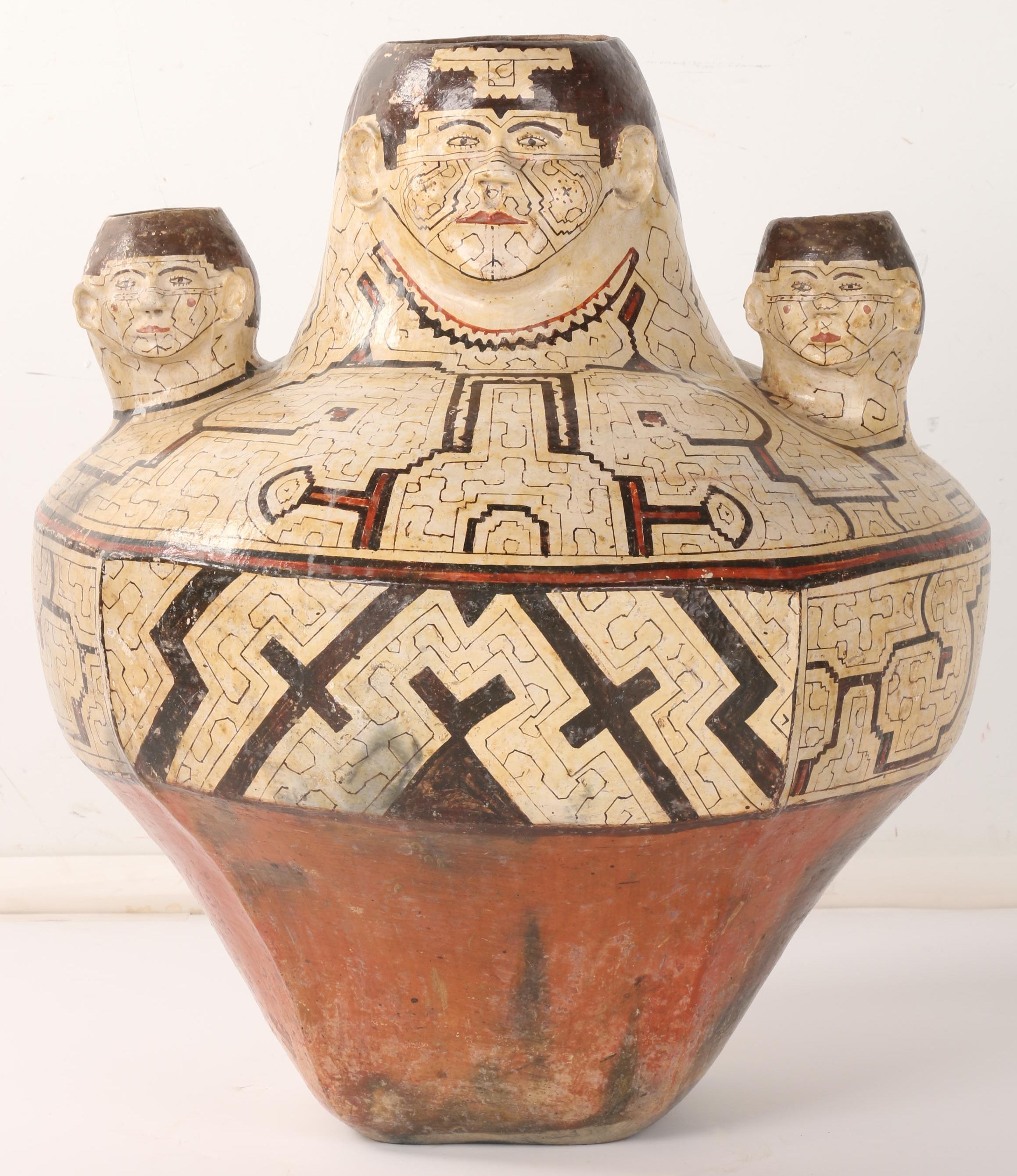Mesoamerican-Inspired Ceramic Vessel With Three Figural Spouts