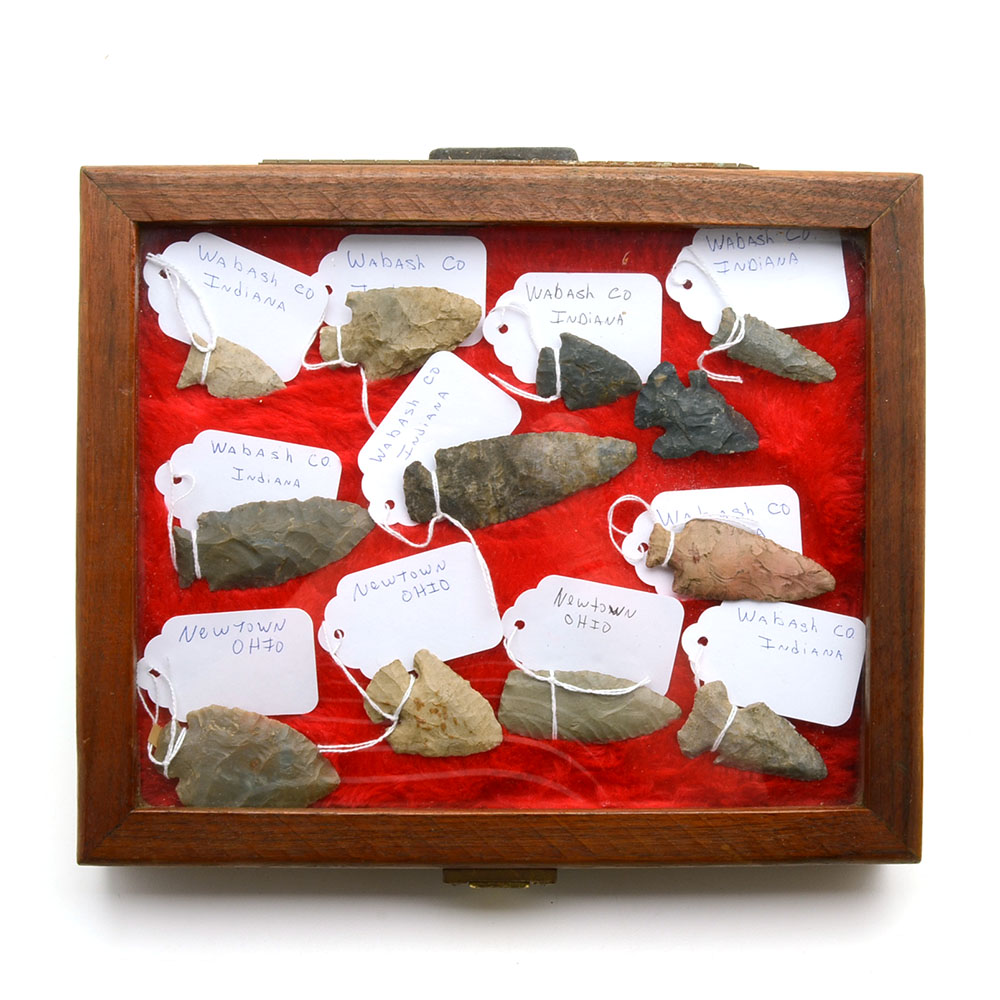 Collection of Arrowheads in Display Case