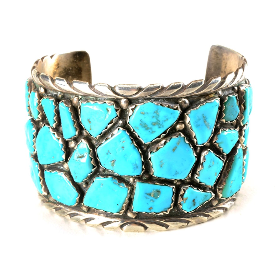 Native American Zuni Wayne Calavaza Sterling Silver Turquoise Cuff Bracelet