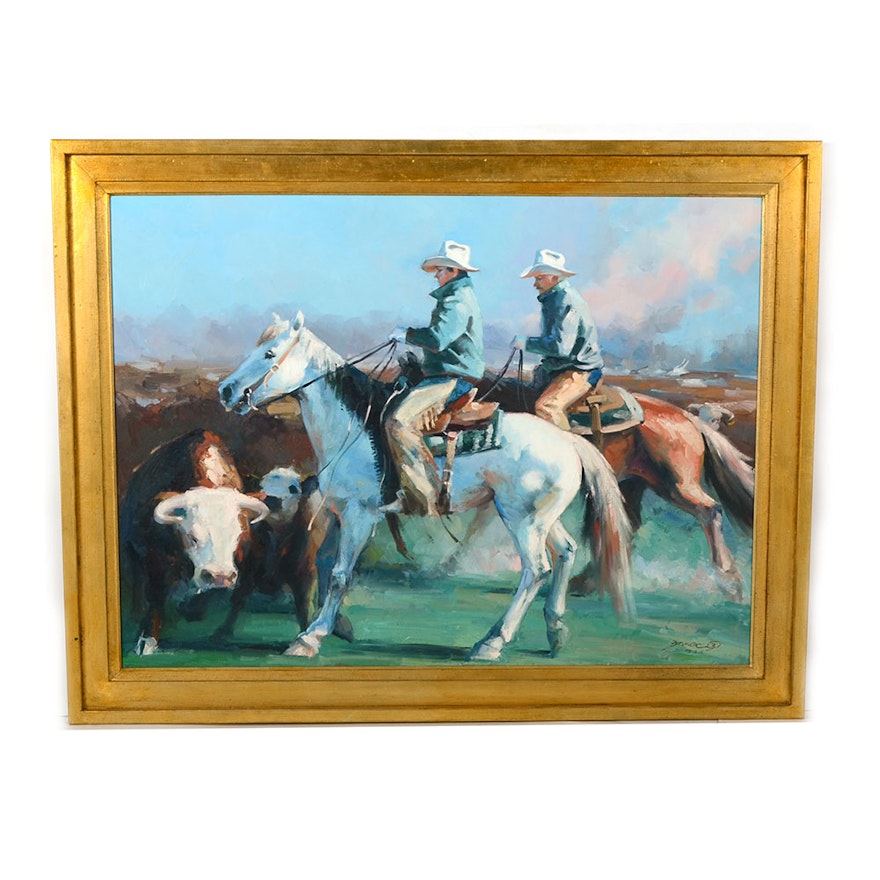 Original Large Western-Themed Oil Painting on Canvasa