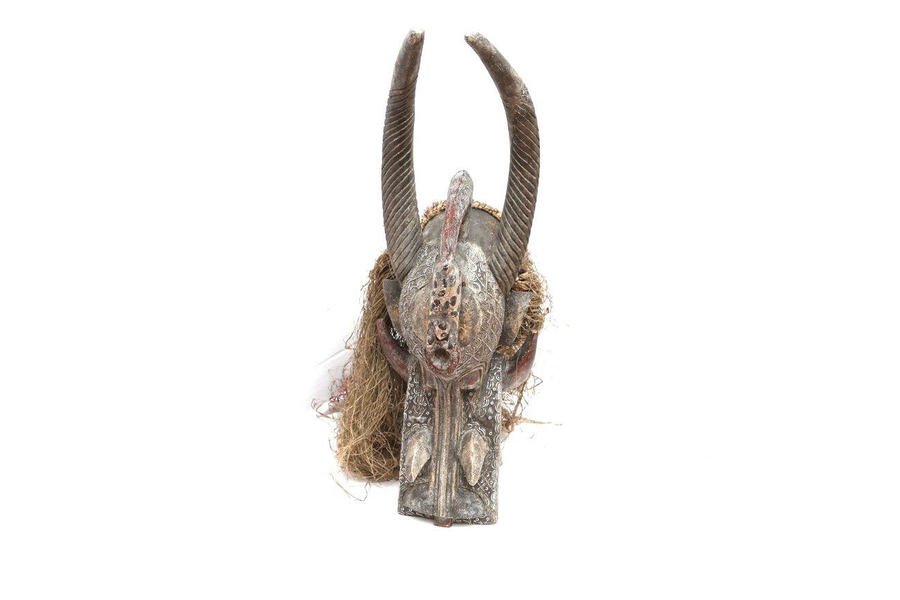 Hand Carved Tribal Head With Straw And Metal