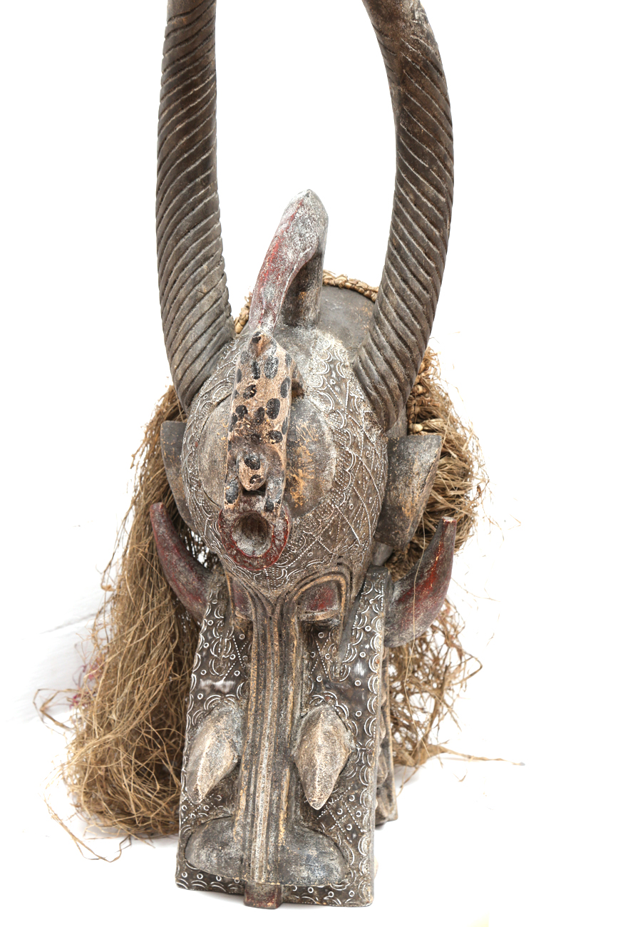 Hand Carved Tribal Head With Straw And Metal