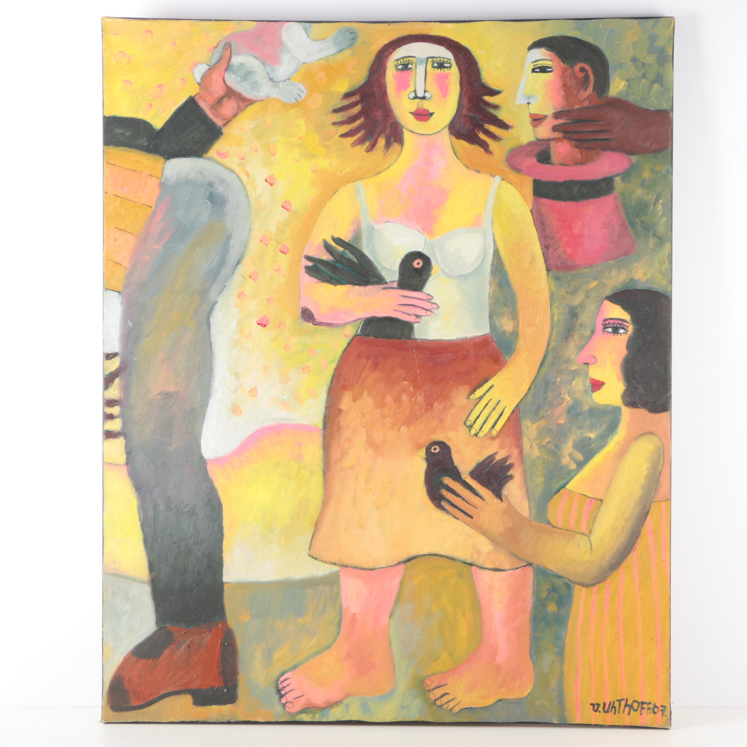 Victor Uhthoff Diptych Oil Paintings on Canvas of Magician Scene