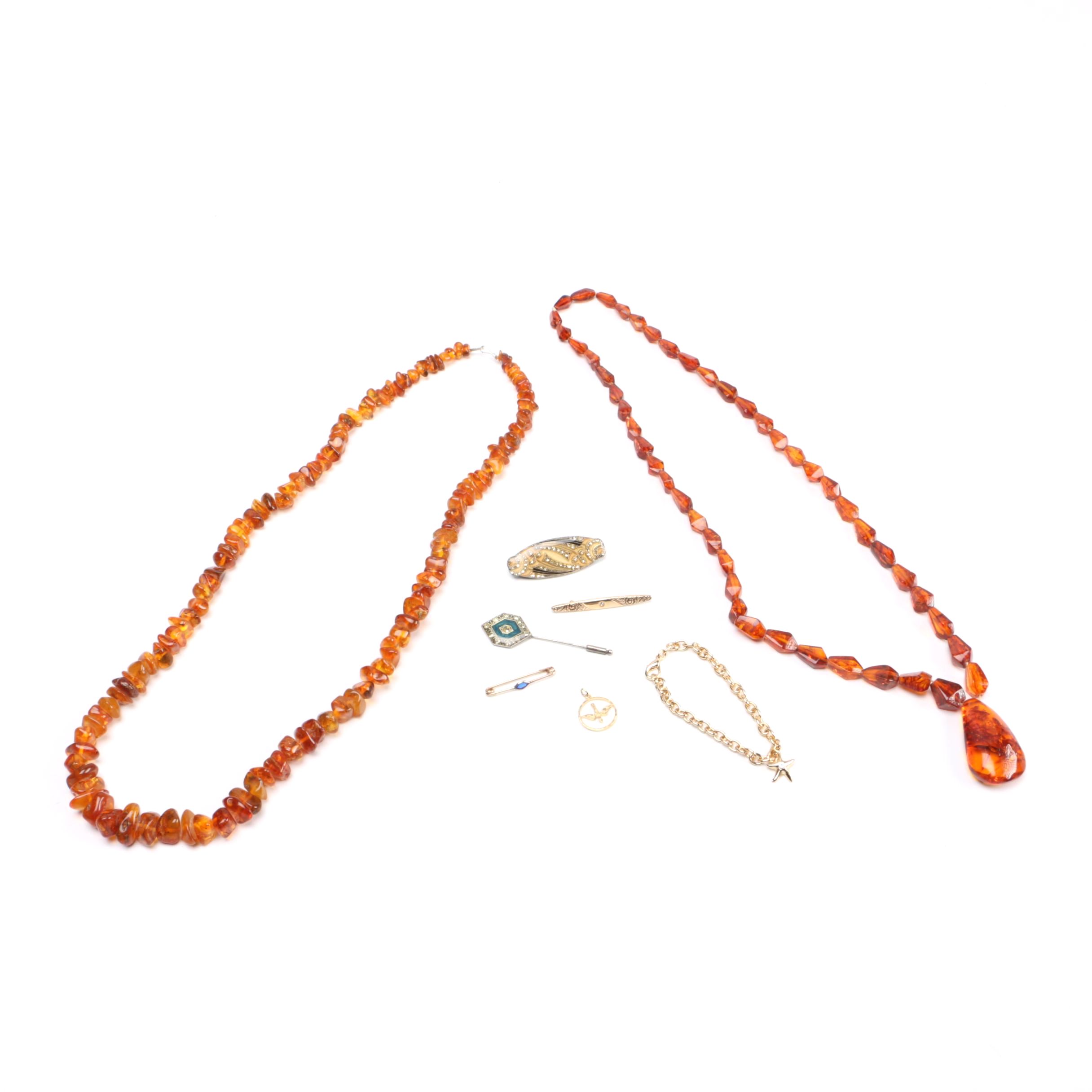 Selection of Costume Jewelry Including Amber Necklaces