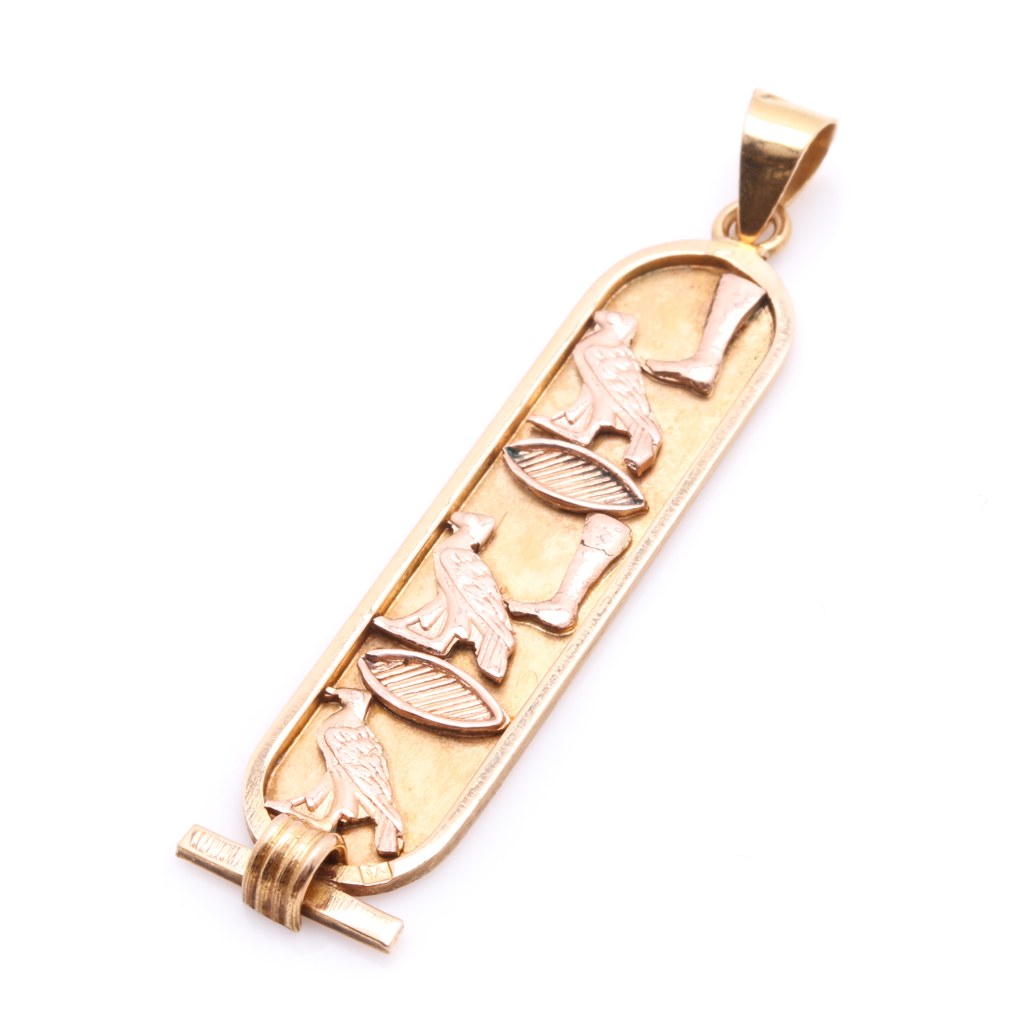 Vintage 18K Two-Tone Gold Egyptian Hieroglyphic Cartouche Pendant