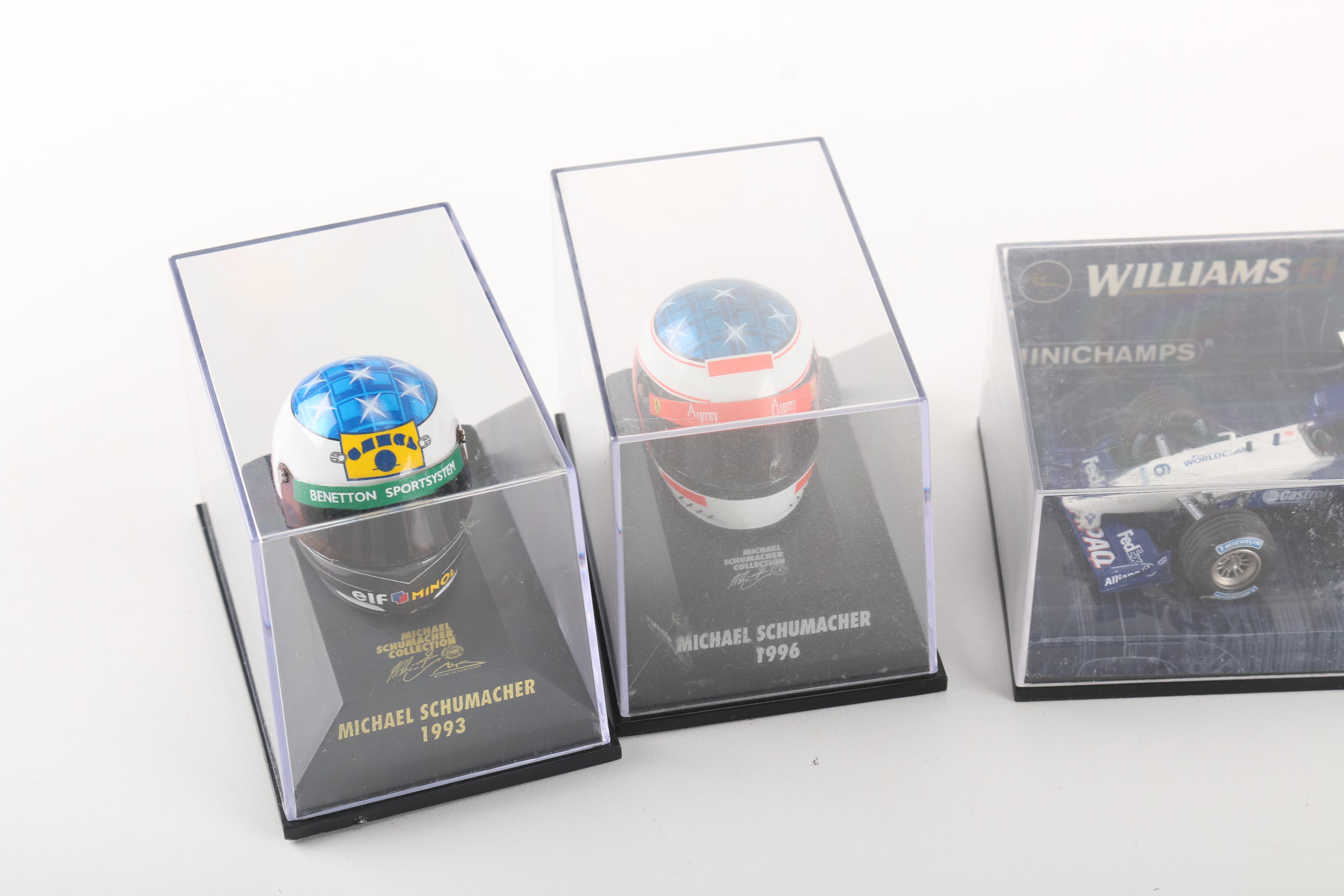 Collection of 1996 Model Helmets and F1 Cars From Various F1 Drivers