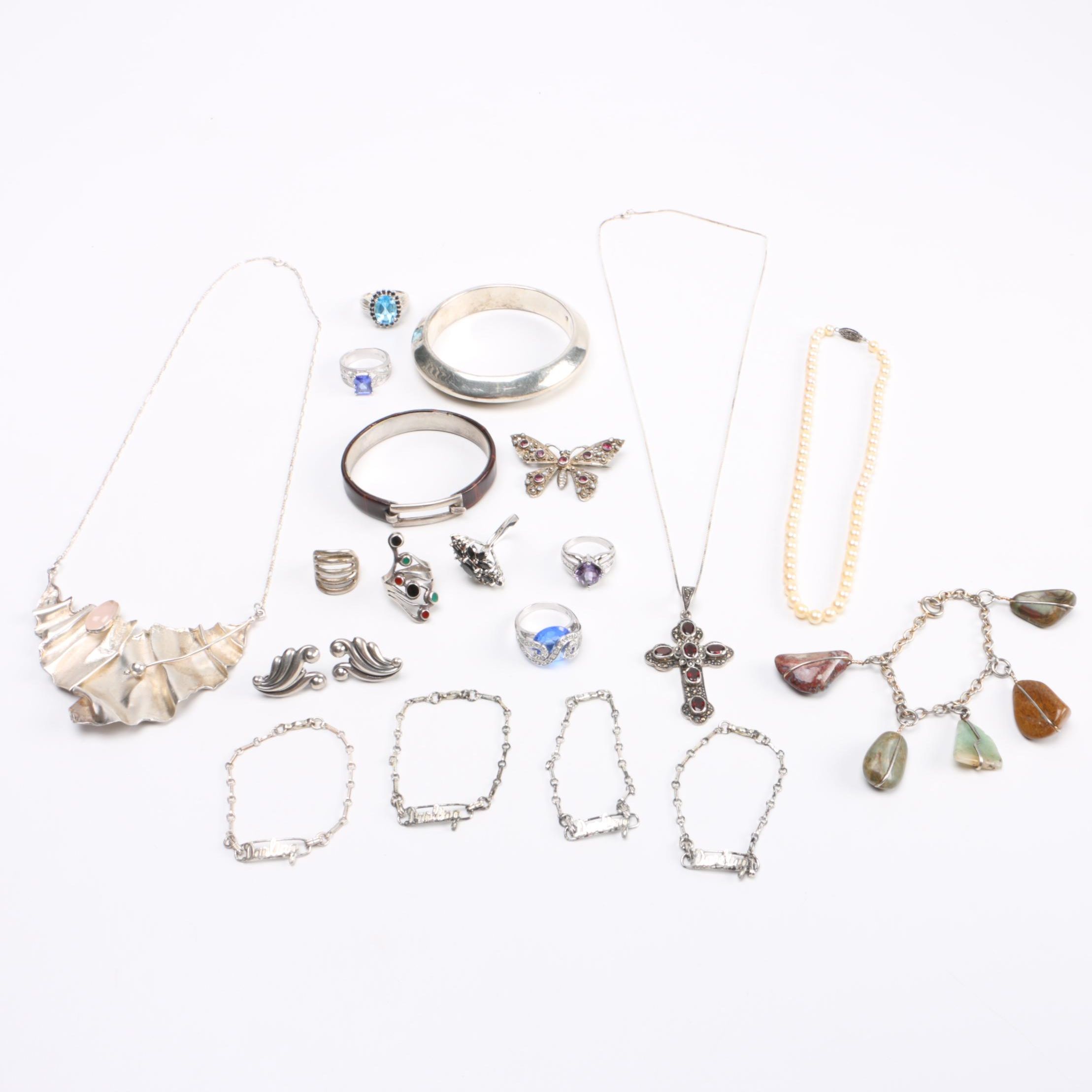 Sterling Silver Jewelry Assortment Including a Pearl Necklace