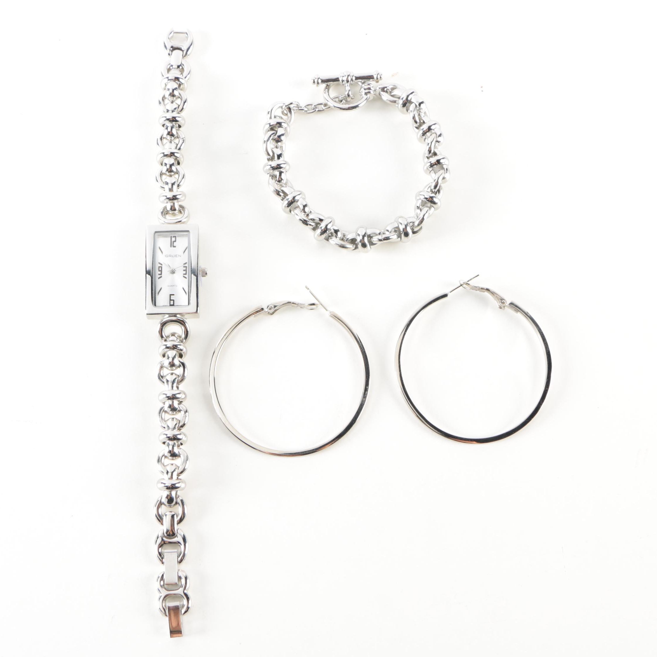 Silver Tone Gruen Watch, Bracelet and Earrings