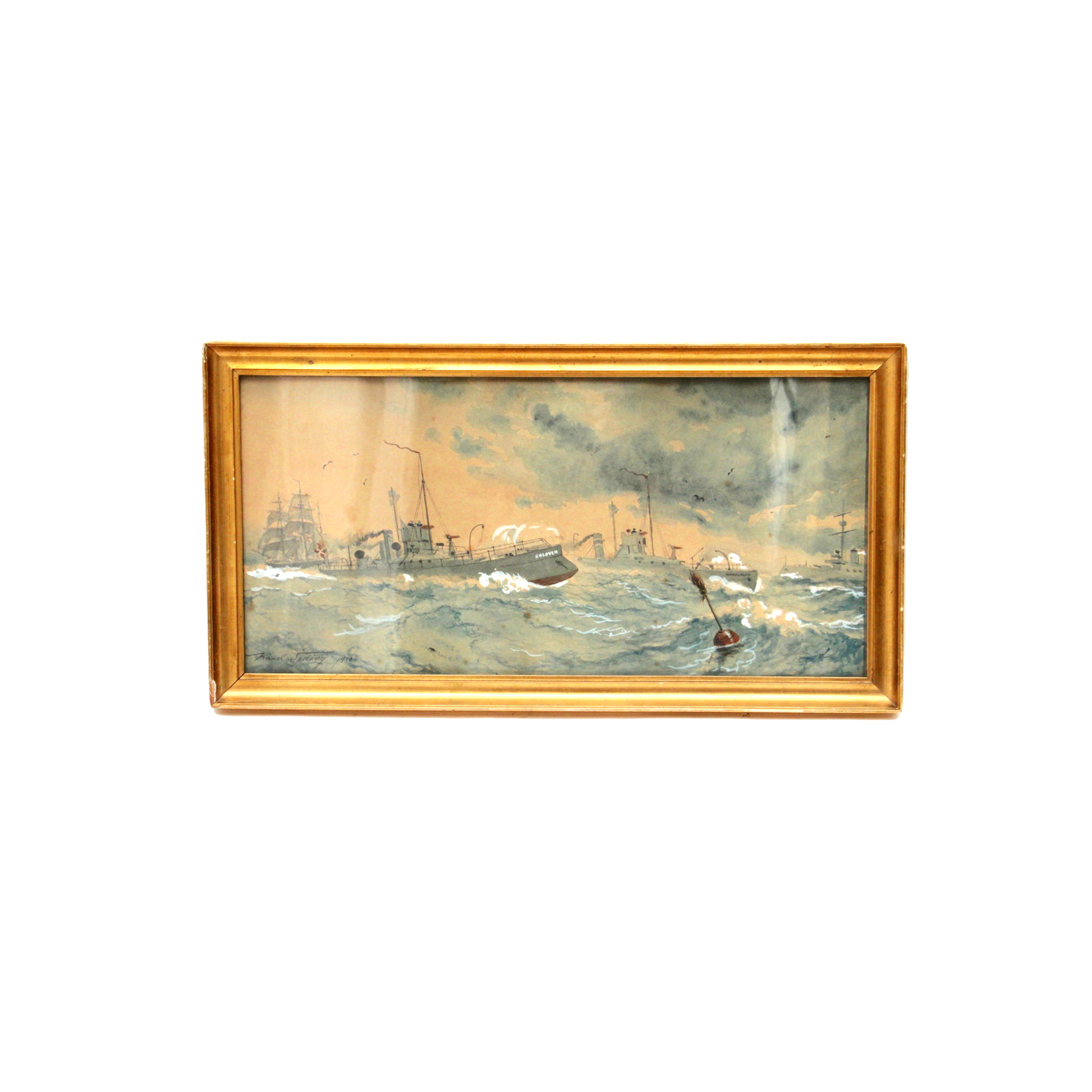 Watercolor Painting of Danish Steamers at Sea by Karel Sedivy