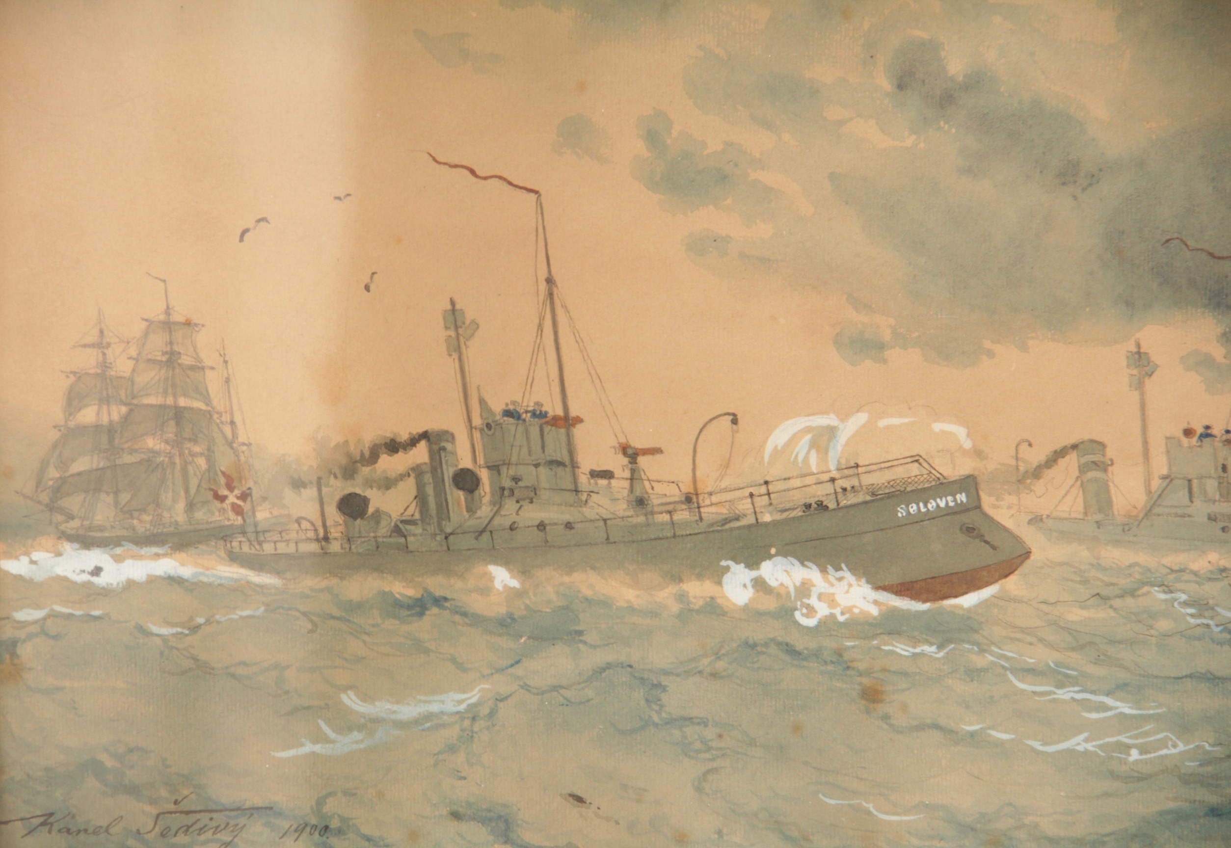 Watercolor Painting of Danish Steamers at Sea by Karel Sedivy