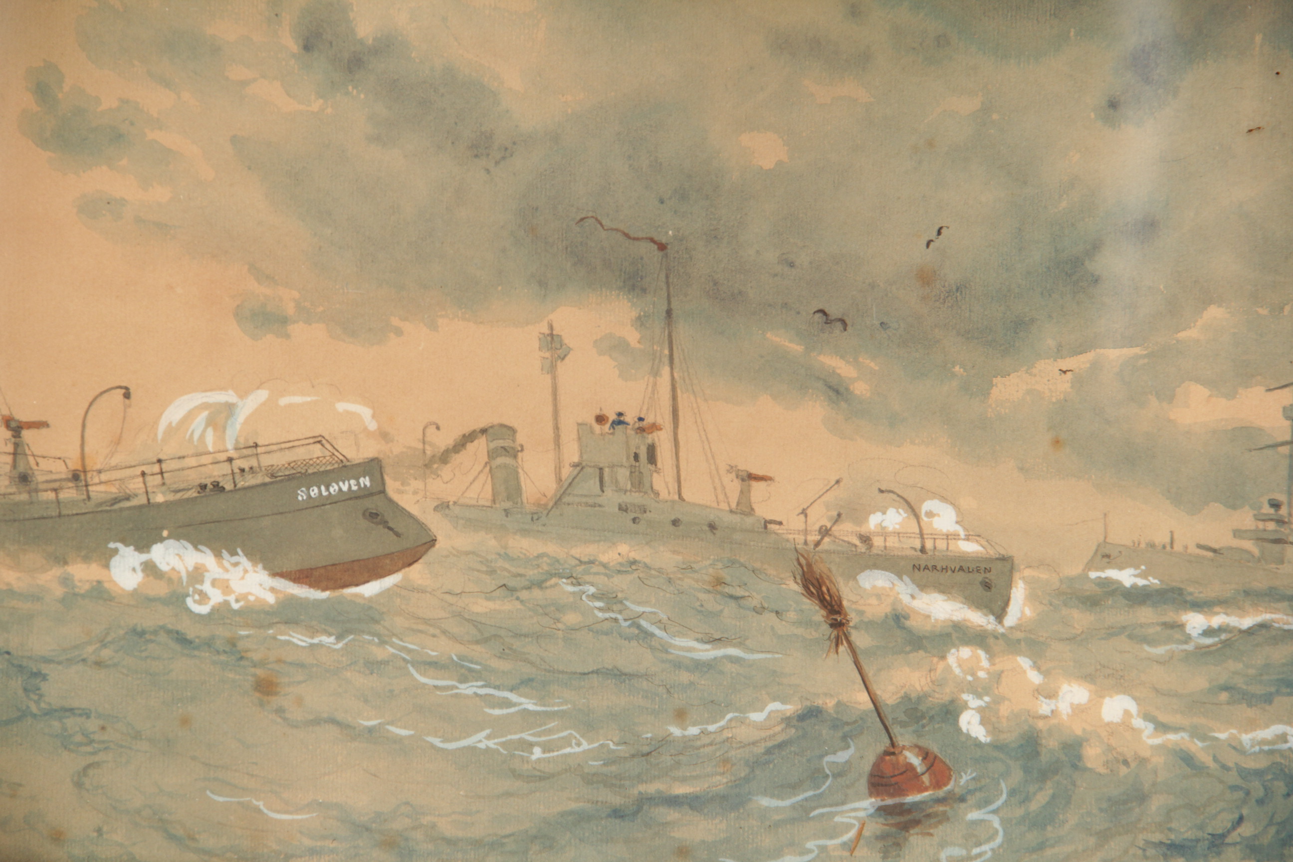 Watercolor Painting of Danish Steamers at Sea by Karel Sedivy
