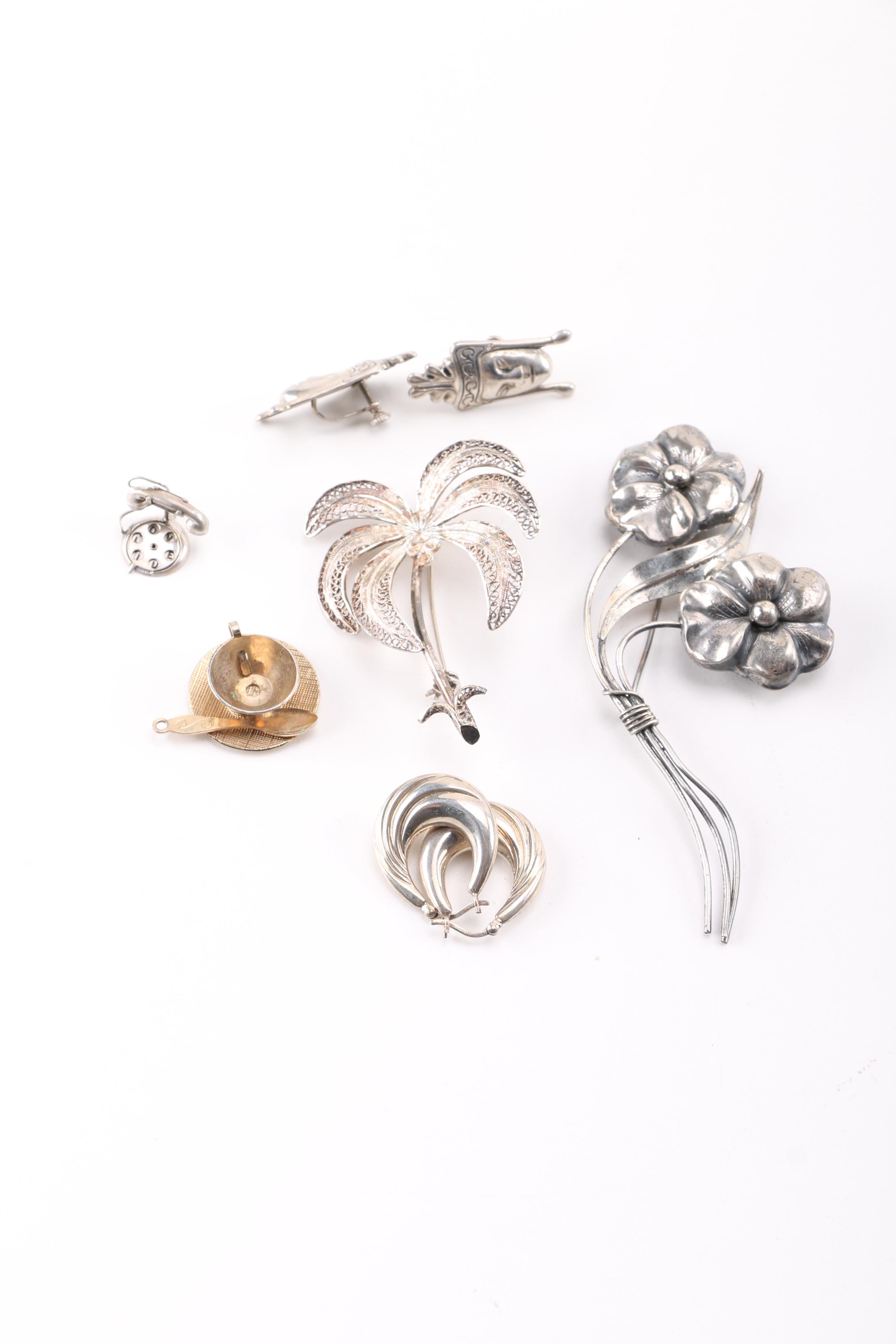 Sterling Silver Brooches, Earrings and Charm Bracelet