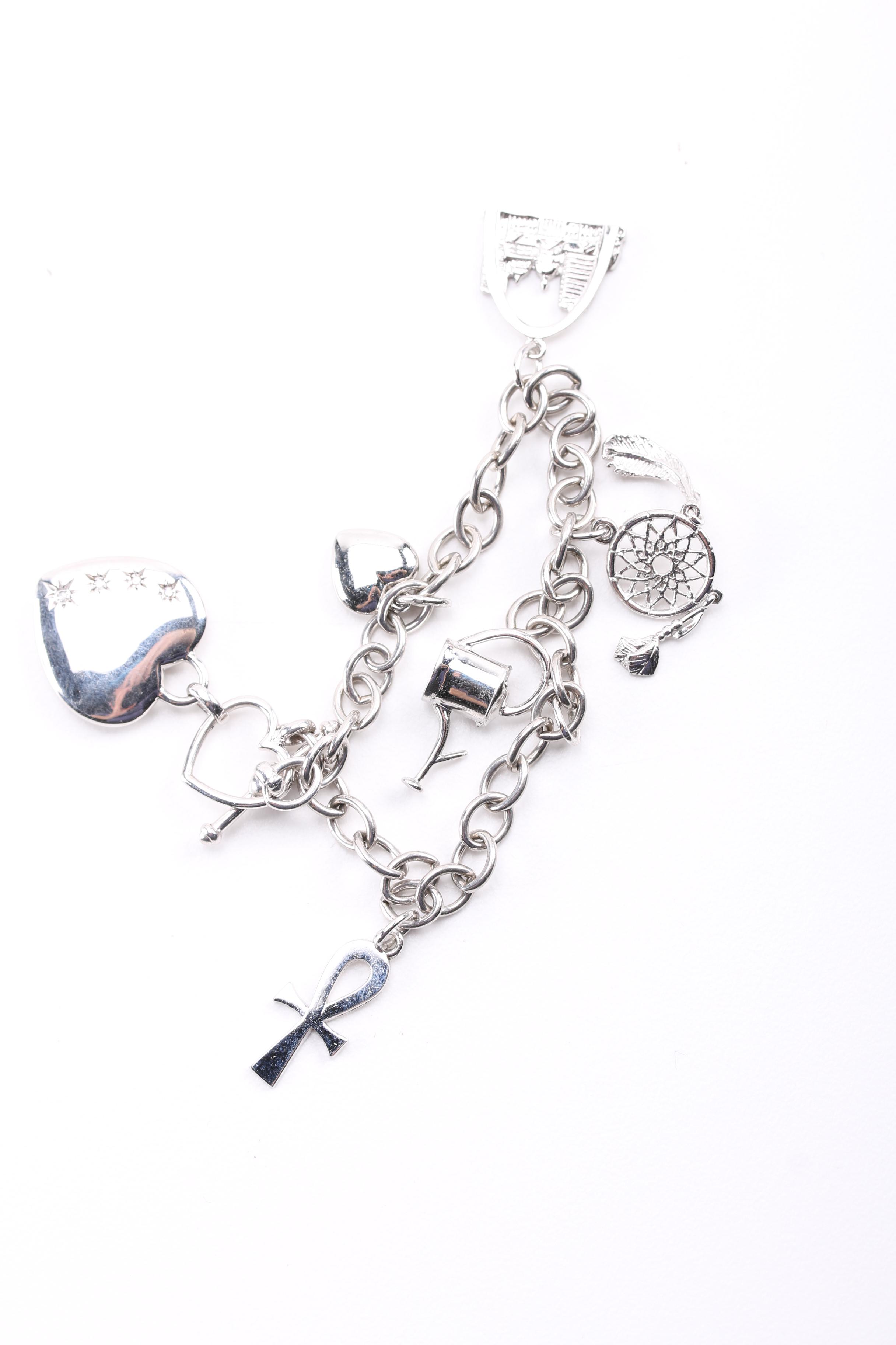 Sterling Silver Brooches, Earrings and Charm Bracelet