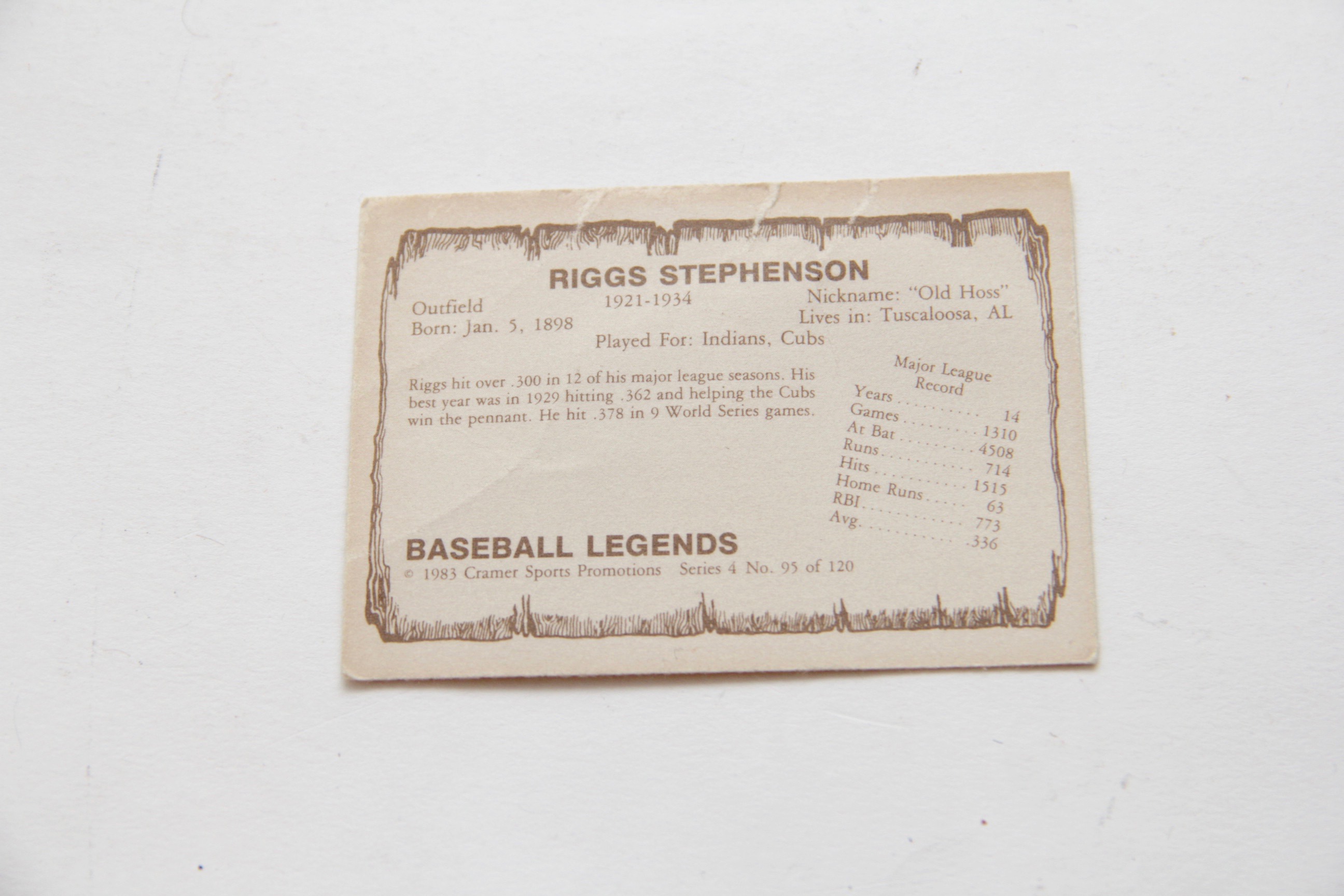 1933 R308 Tattoo Orbit #53 and 1983 "Baseball Legends" Riggs Stephenson Baseball Cards