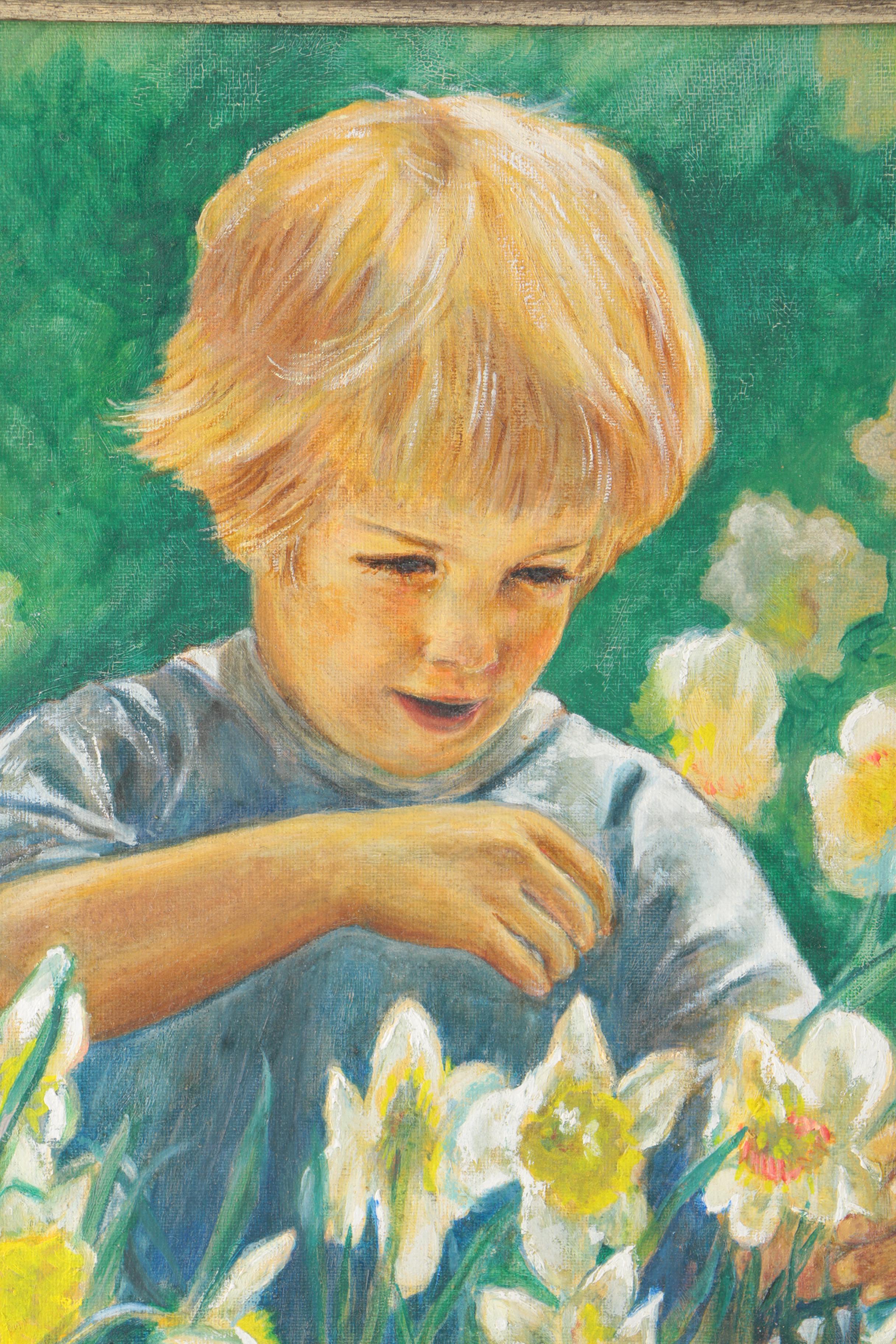Ruth Seltzer Oil on Canvas Board Painting of Boy with Daffodils