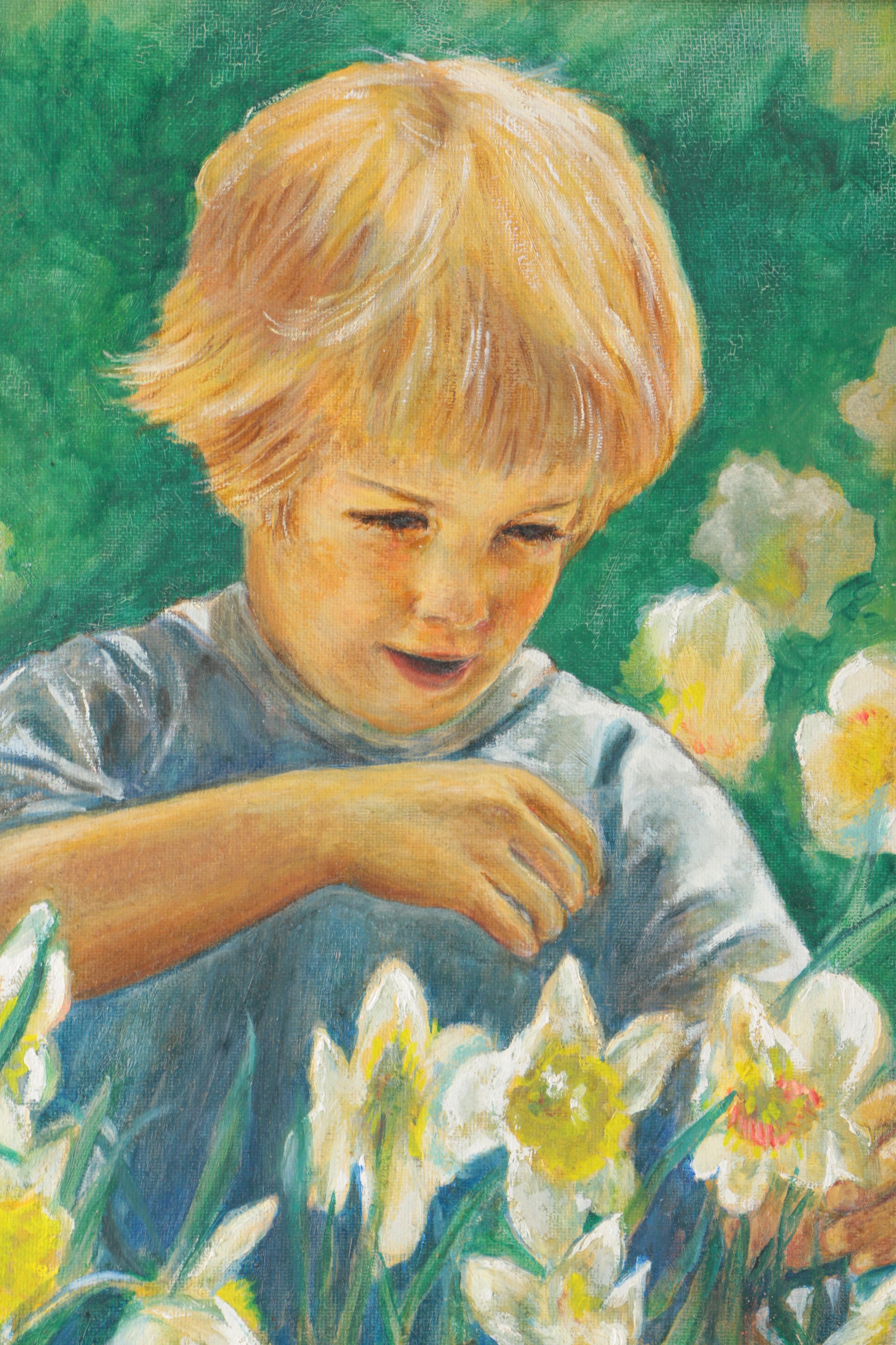 Ruth Seltzer Oil on Canvas Board Painting of Boy with Daffodils
