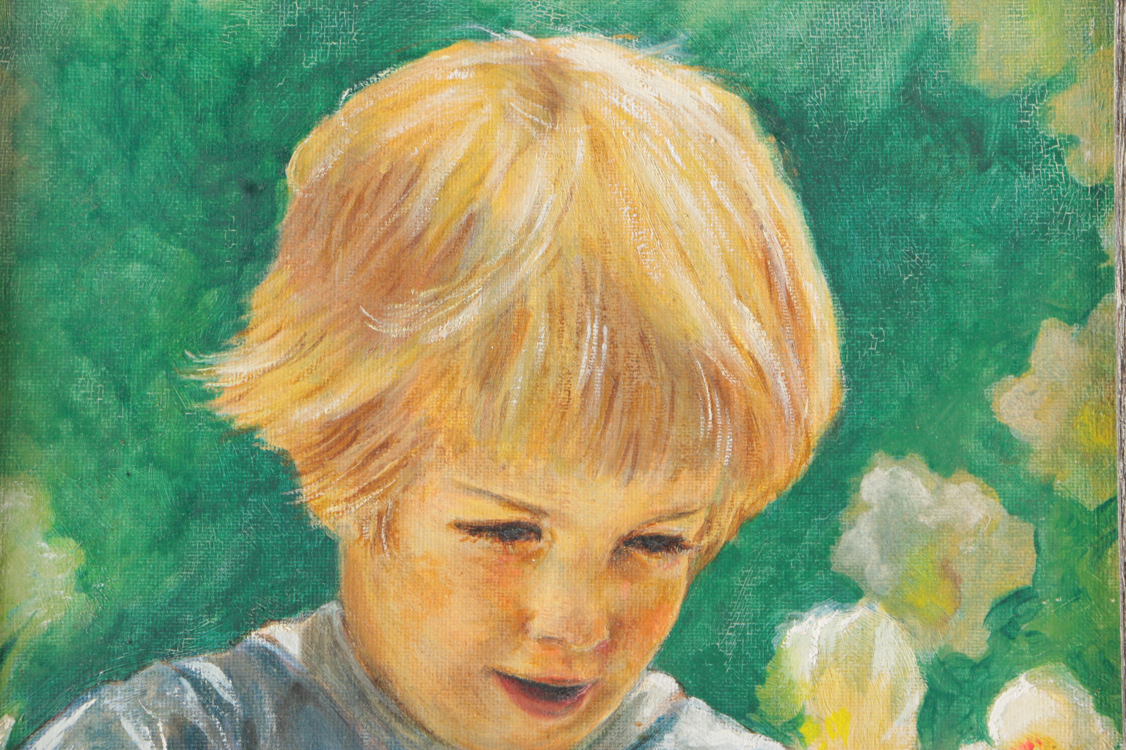 Ruth Seltzer Oil on Canvas Board Painting of Boy with Daffodils