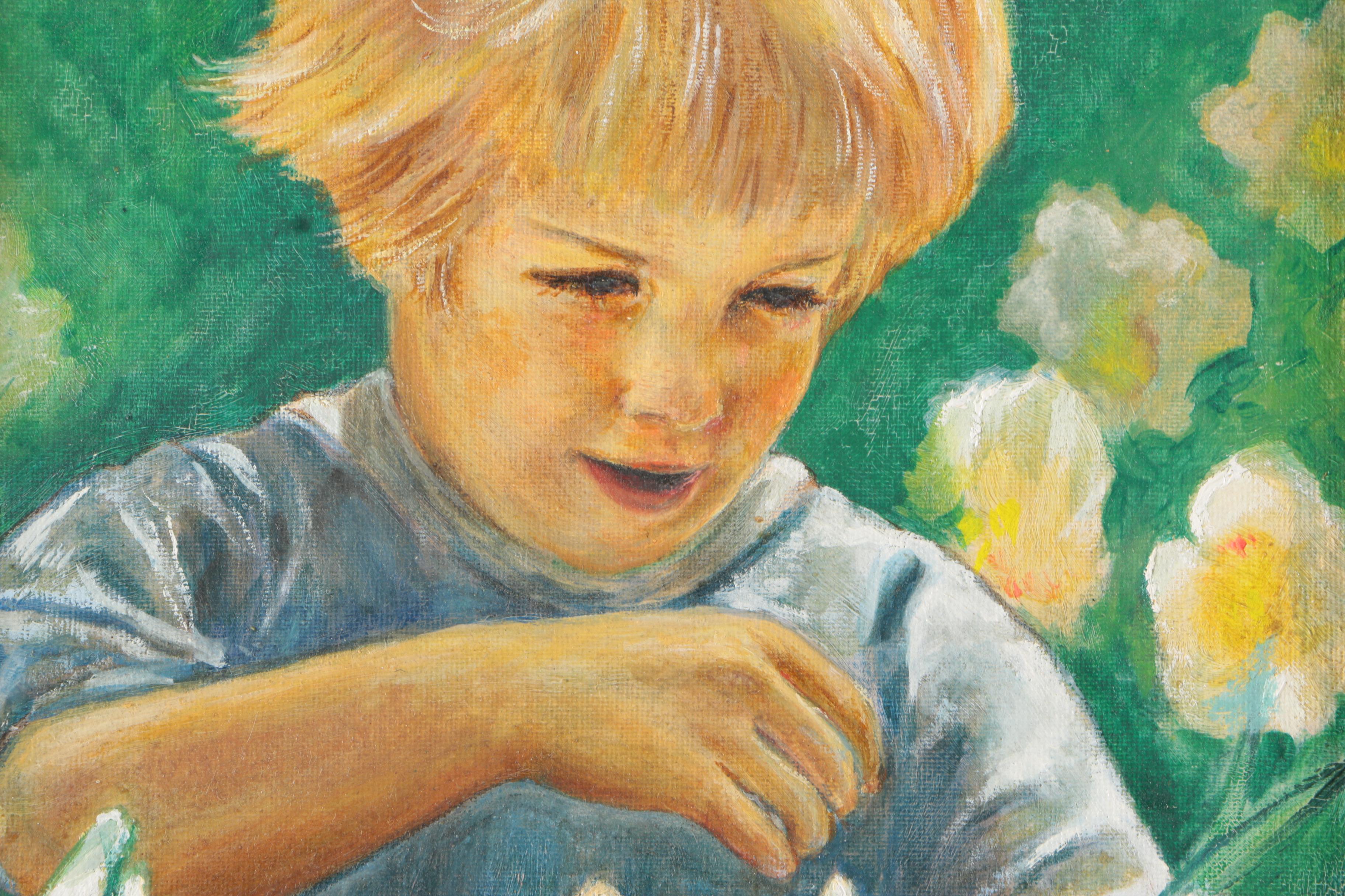 Ruth Seltzer Oil on Canvas Board Painting of Boy with Daffodils