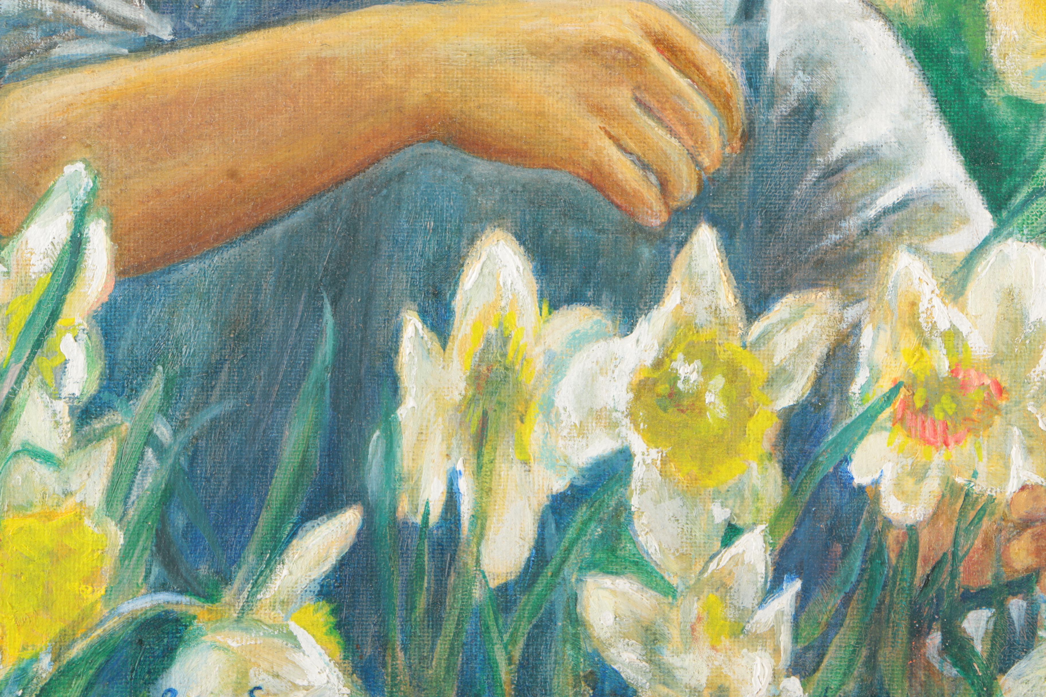 Ruth Seltzer Oil on Canvas Board Painting of Boy with Daffodils