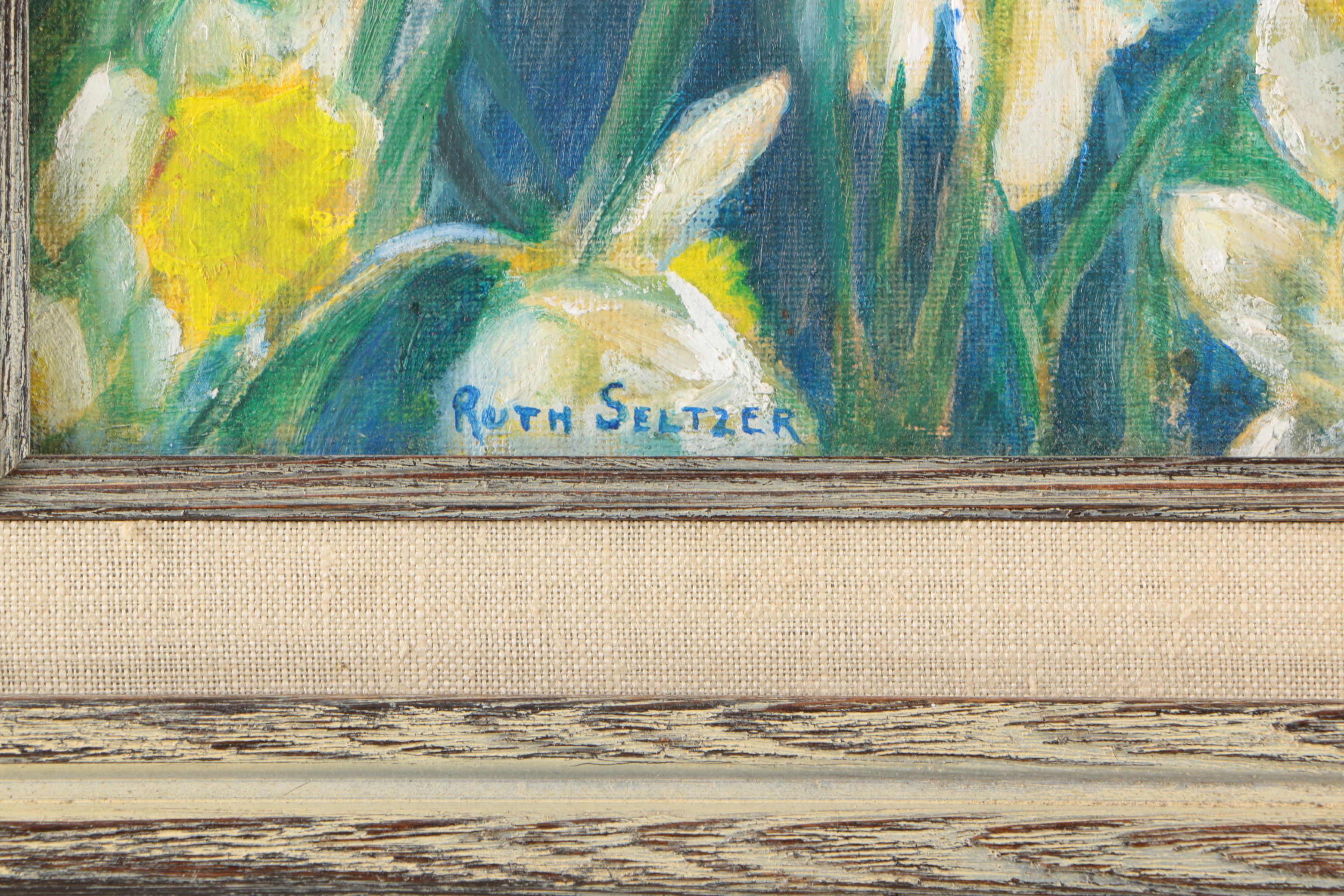 Ruth Seltzer Oil on Canvas Board Painting of Boy with Daffodils