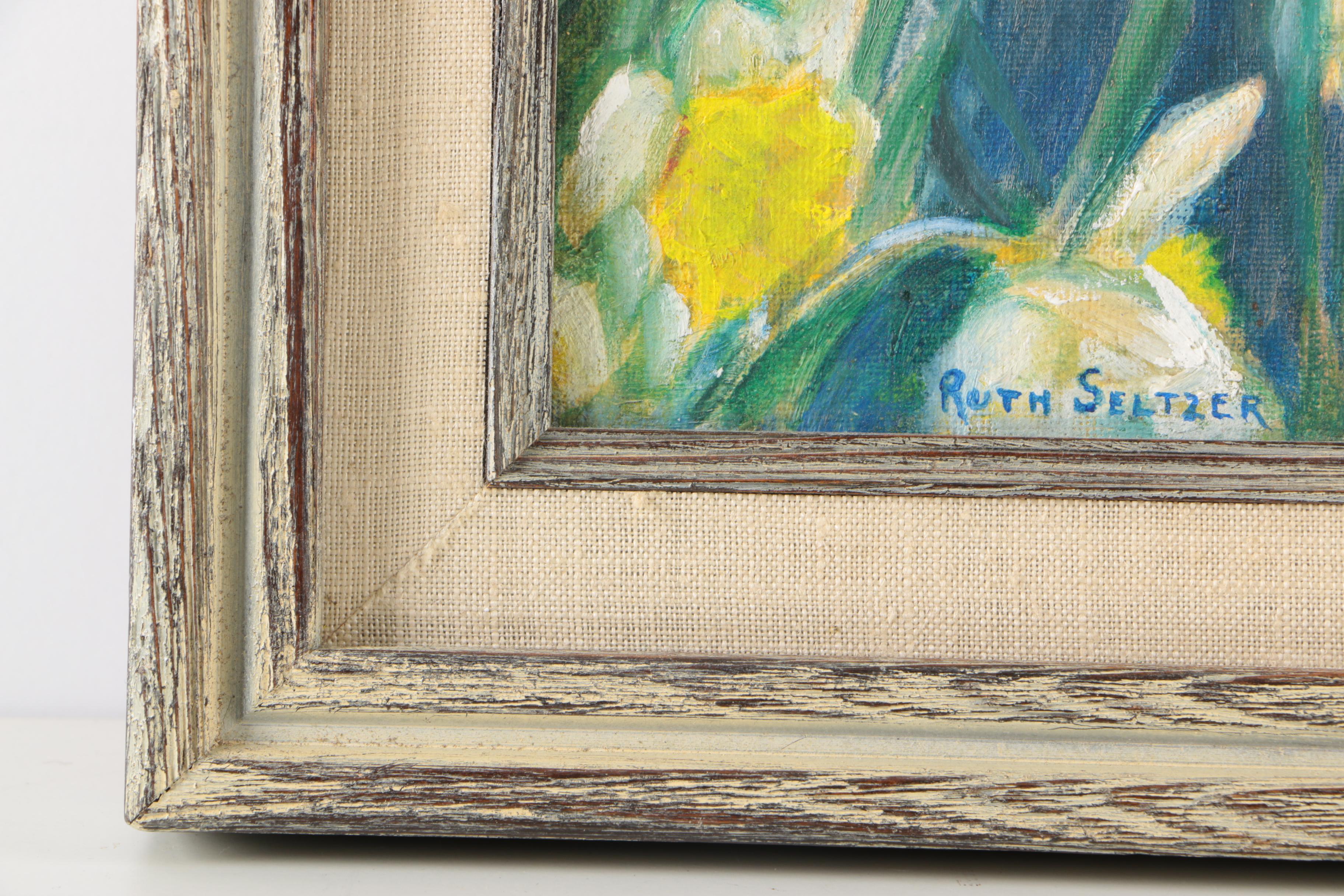 Ruth Seltzer Oil on Canvas Board Painting of Boy with Daffodils