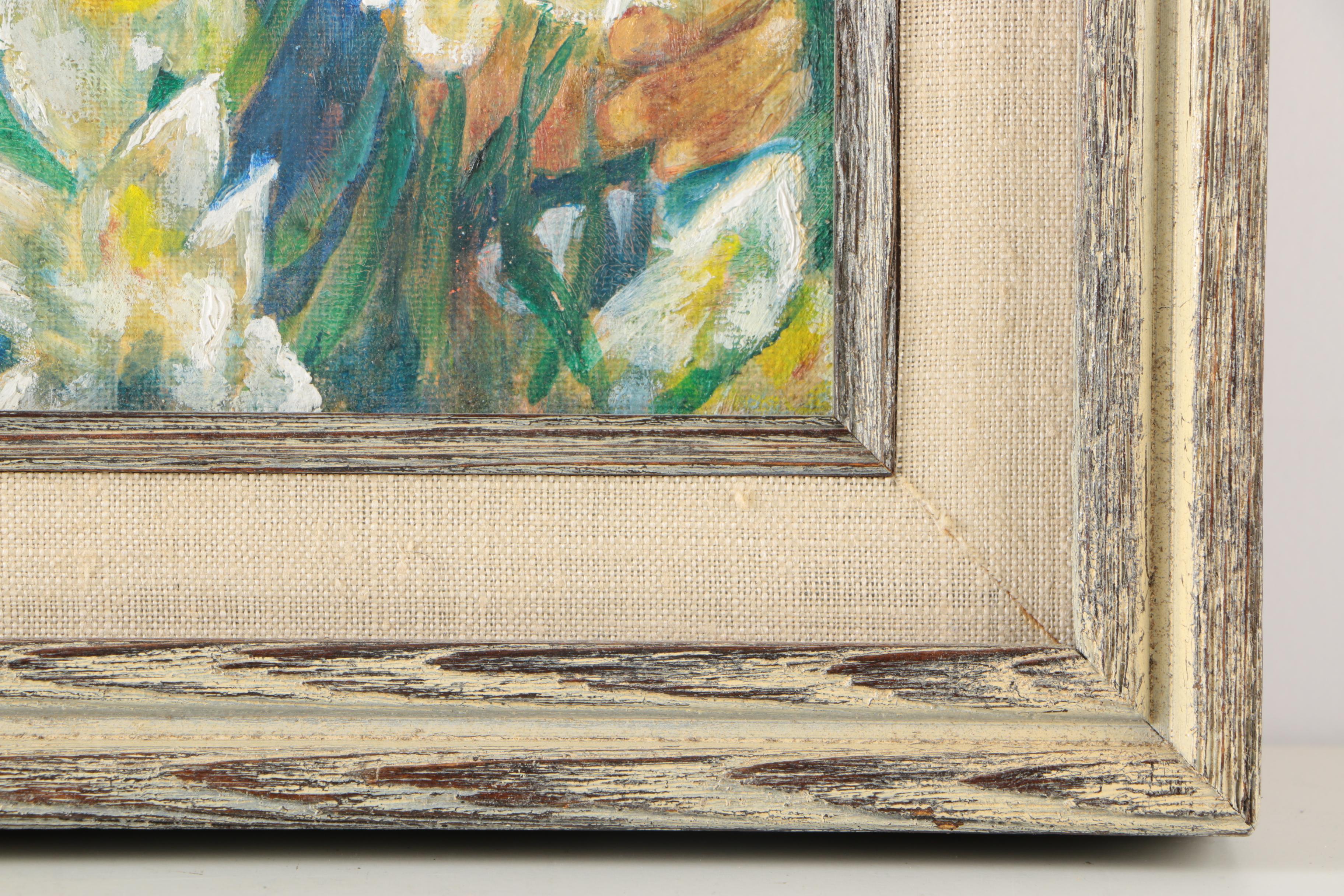 Ruth Seltzer Oil on Canvas Board Painting of Boy with Daffodils