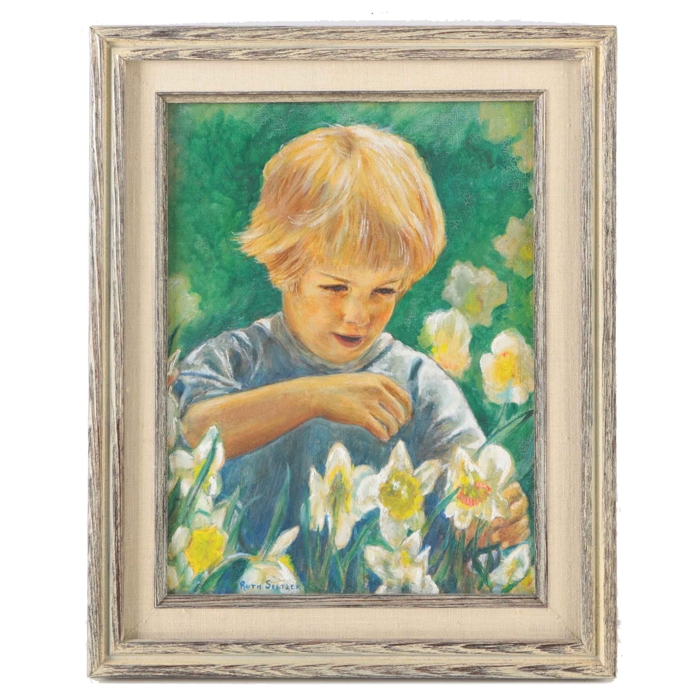 Ruth Seltzer Oil on Canvas Board Painting of Boy with Daffodils