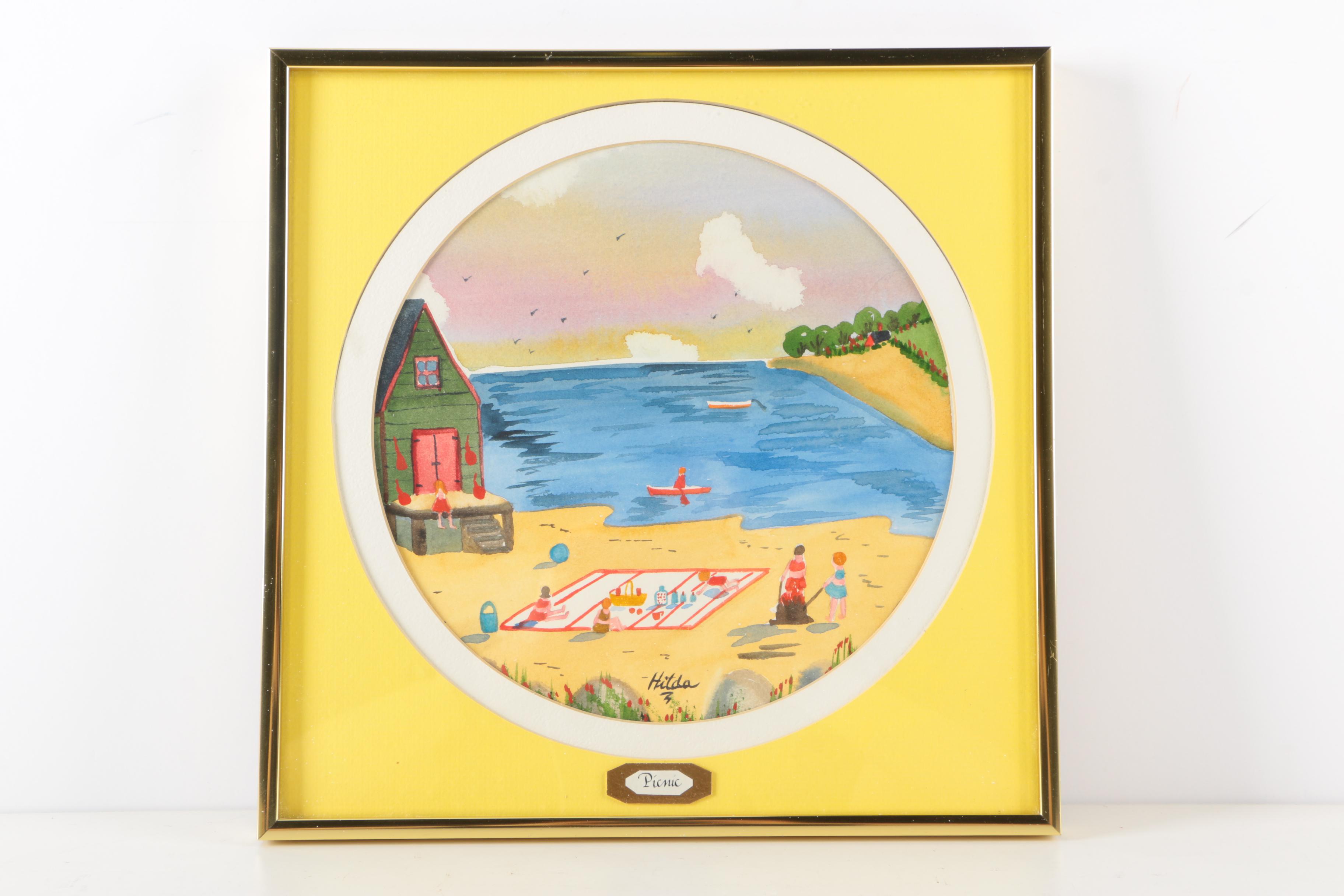 Two Hilda Kaihlanen Watercolors "Picnc" and "Summer Play"