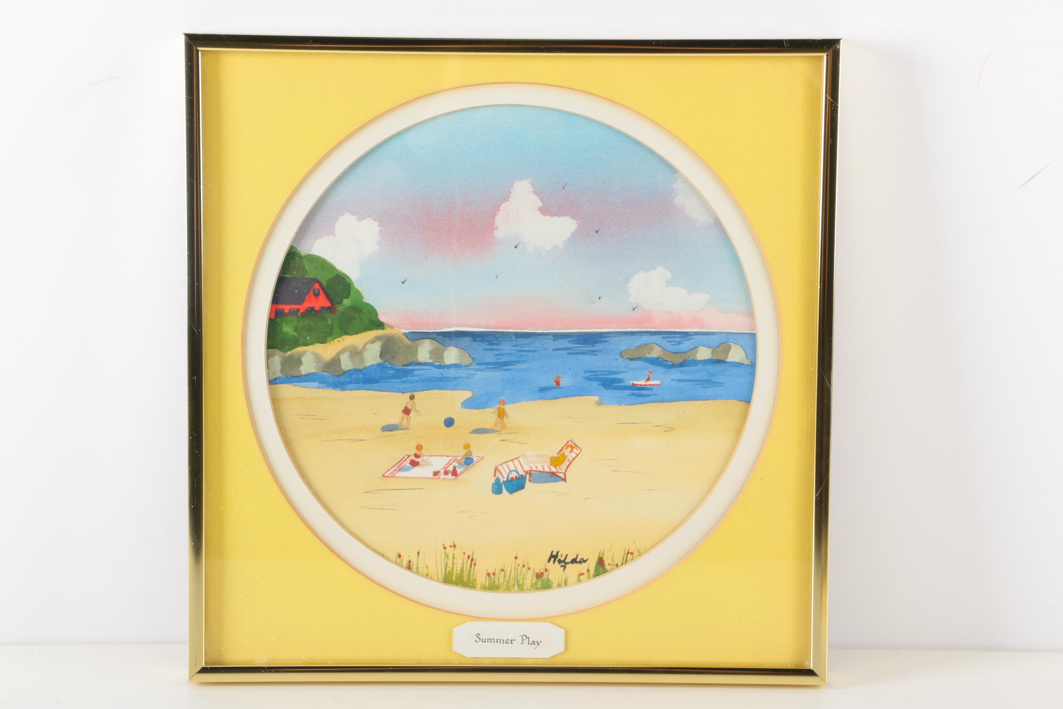 Two Hilda Kaihlanen Watercolors "Picnc" and "Summer Play"