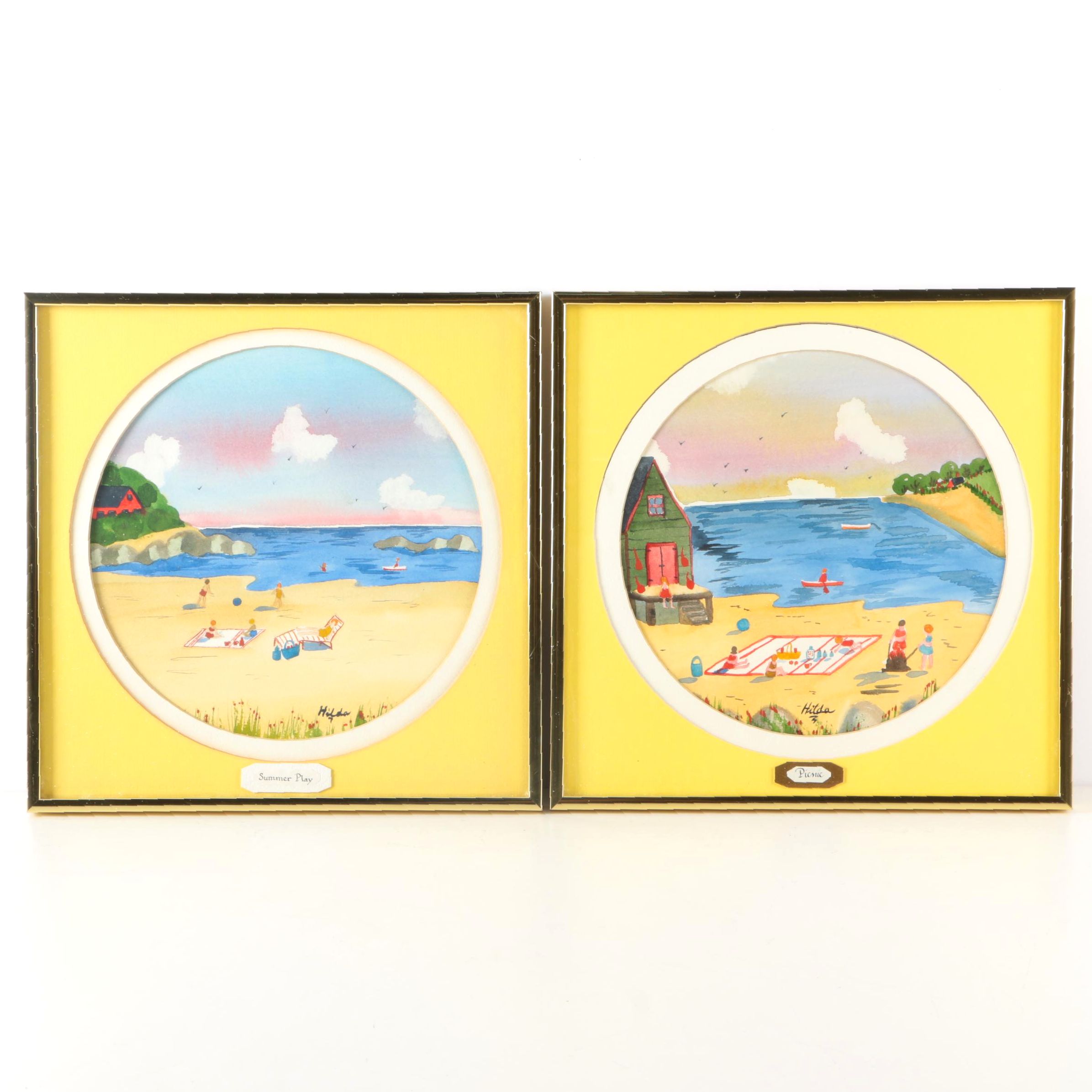 Two Hilda Kaihlanen Watercolors "Picnc" and "Summer Play"