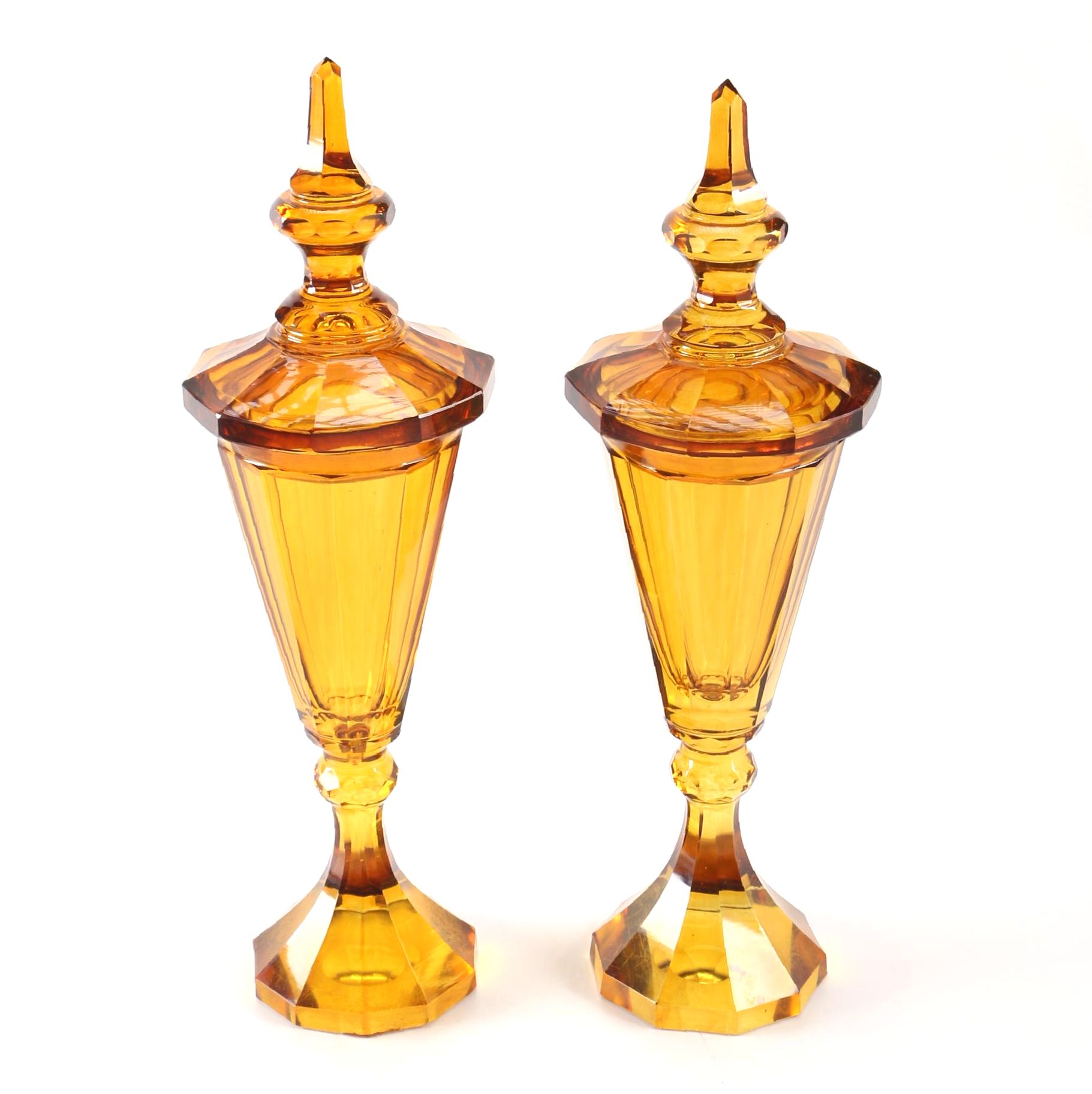 Pair of Amber-Colored Glass Lidded Urns