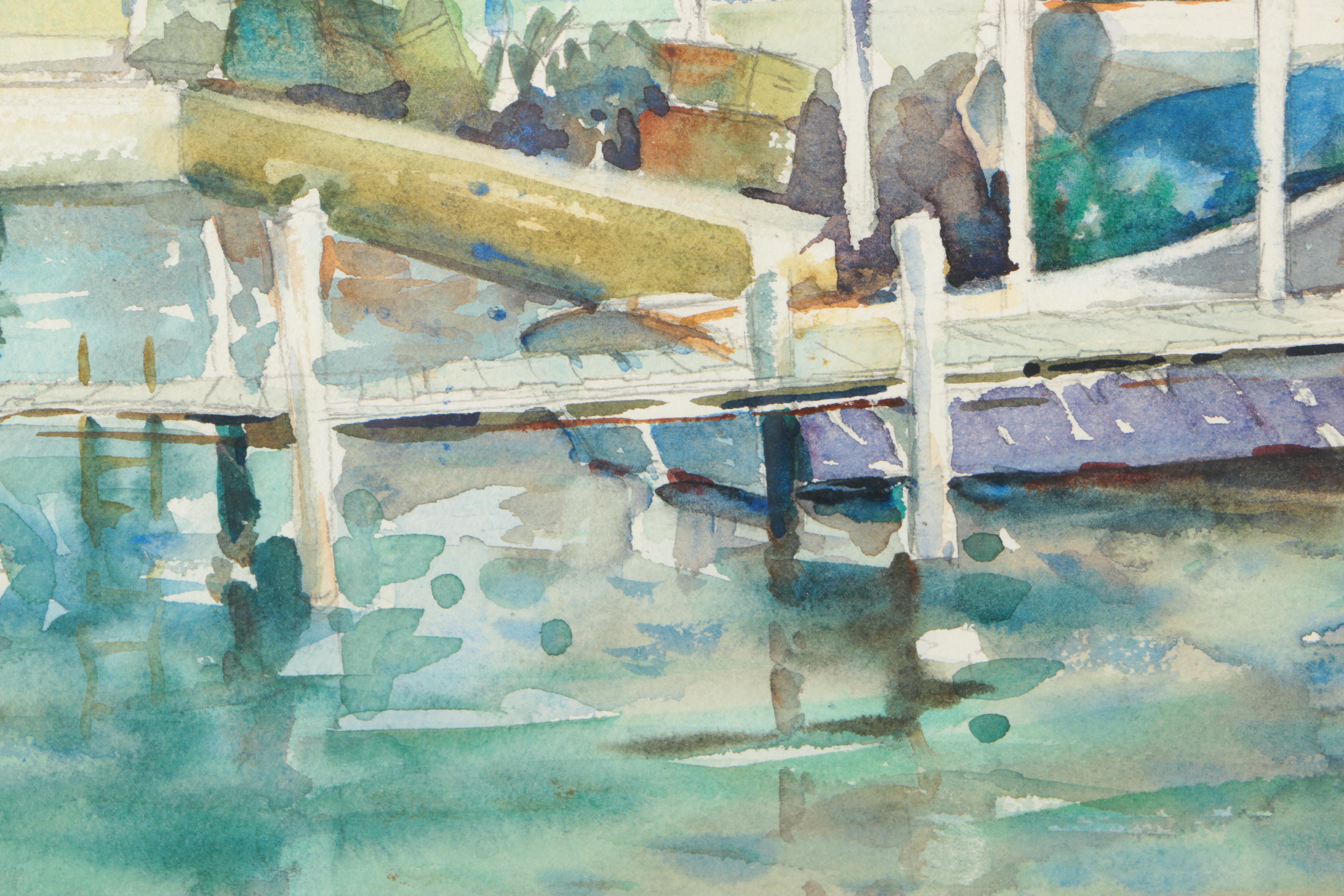 Neva Curry Watercolor Painting of Boats at Dock