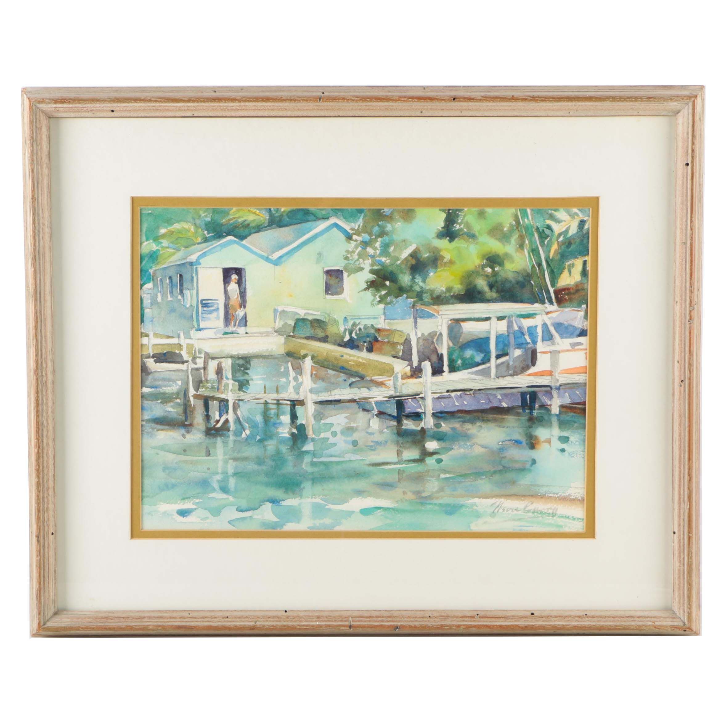 Neva Curry Watercolor Painting of Boats at Dock